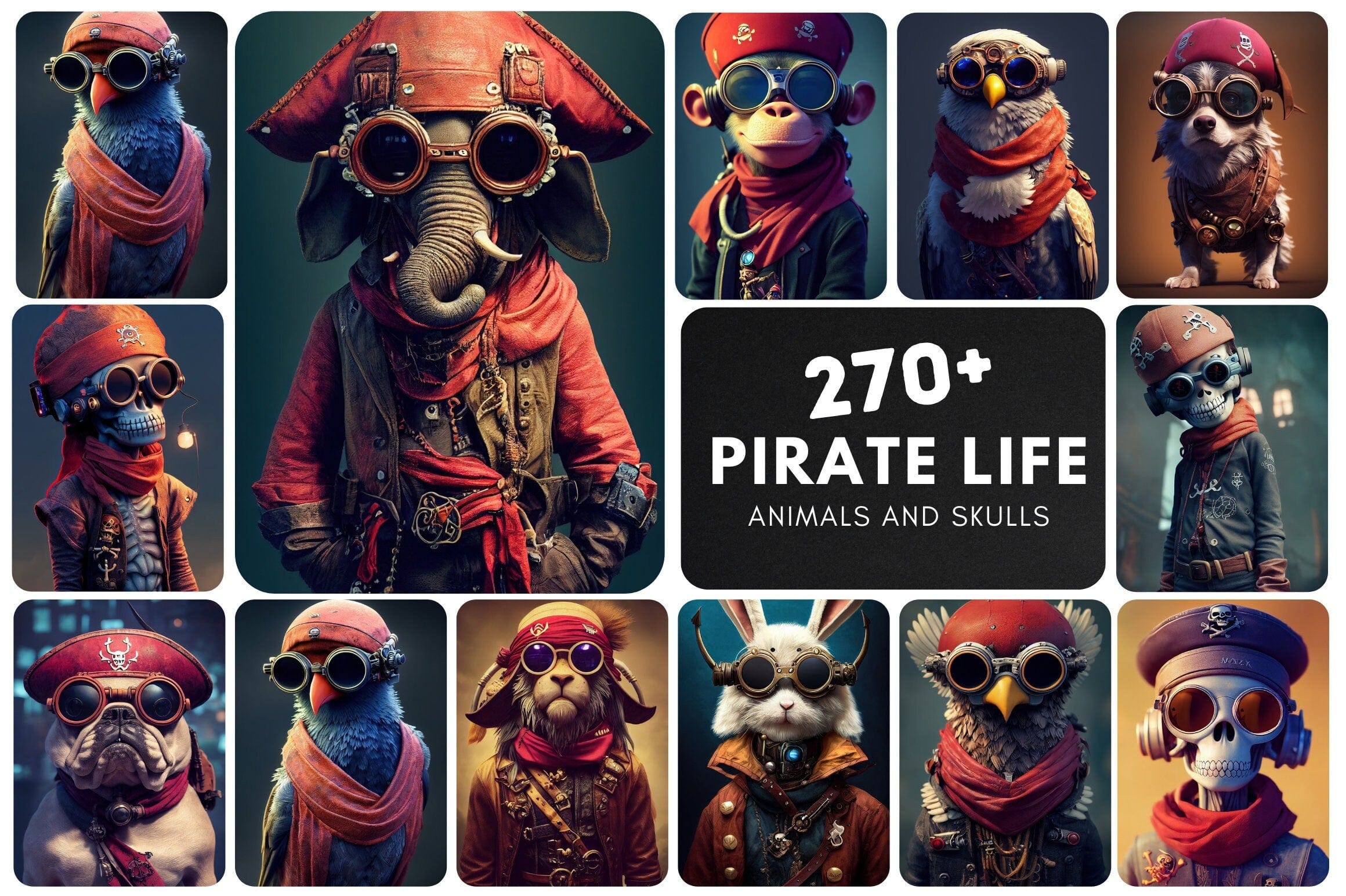 Printable wall art: 270+ Rare Pirate Characters with Animals and Skulls, Wall Art Set, Digital Download Digital Download Sumobundle