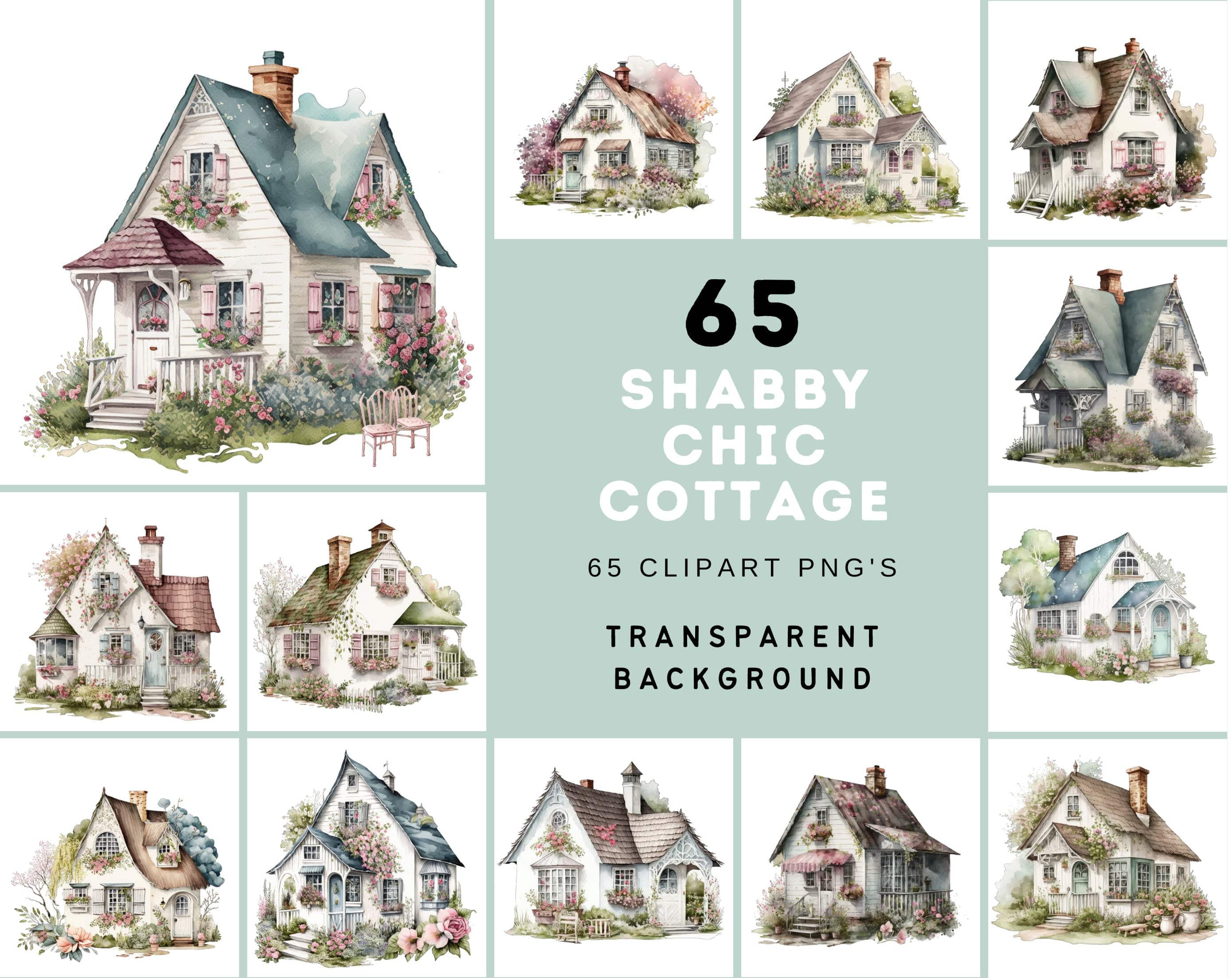 Set of 65 charming Shabby Chic Cottage house transparent PNG images - Commercial use Digital Download Sumobundle