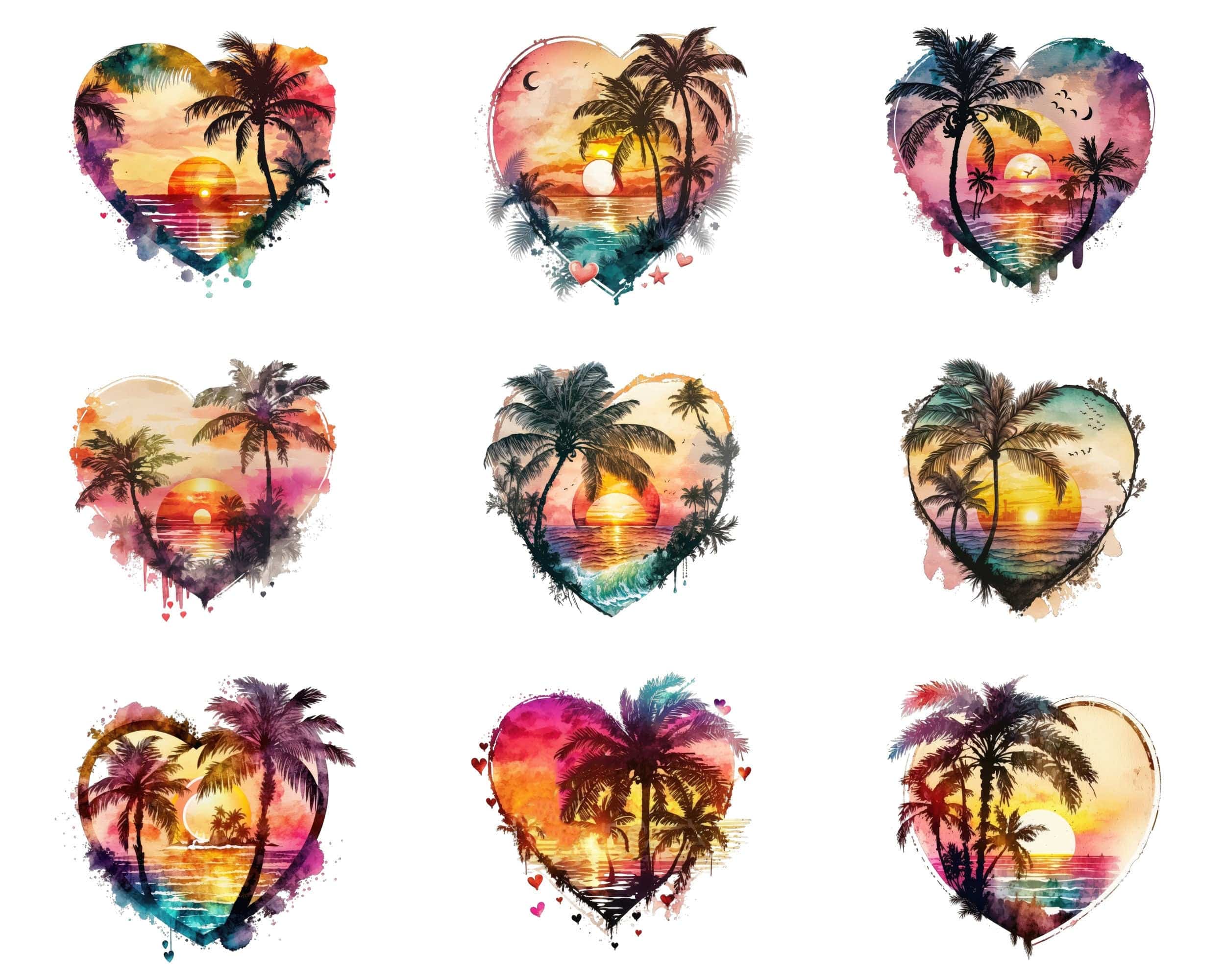 Spread Summer Love with Our Bundle of 60 Heart-Shaped Watercolor Clipart PNG, Sunset Heart Watercolor Clipart, Perfect for Commercial Use. Digital Download Sumobundle