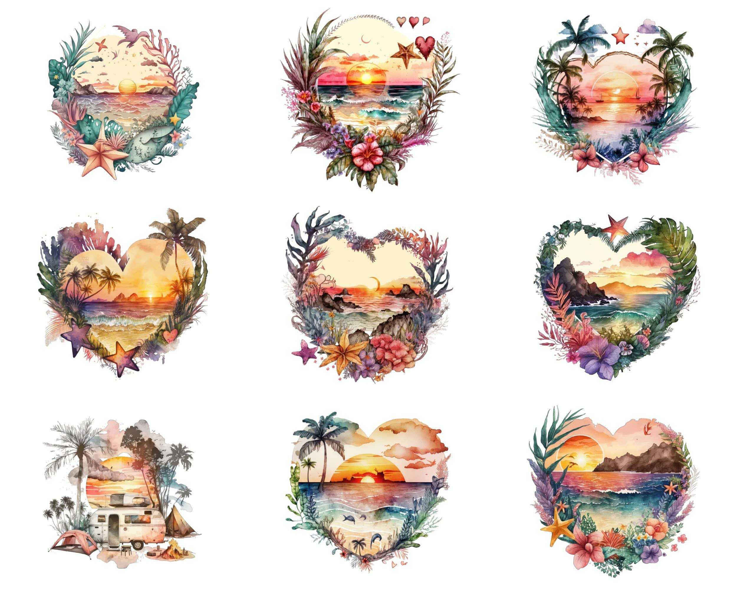Spread Summer Love with Our Bundle of 60 Heart-Shaped Watercolor Clipart PNG, Sunset Heart Watercolor Clipart, Perfect for Commercial Use. Digital Download Sumobundle
