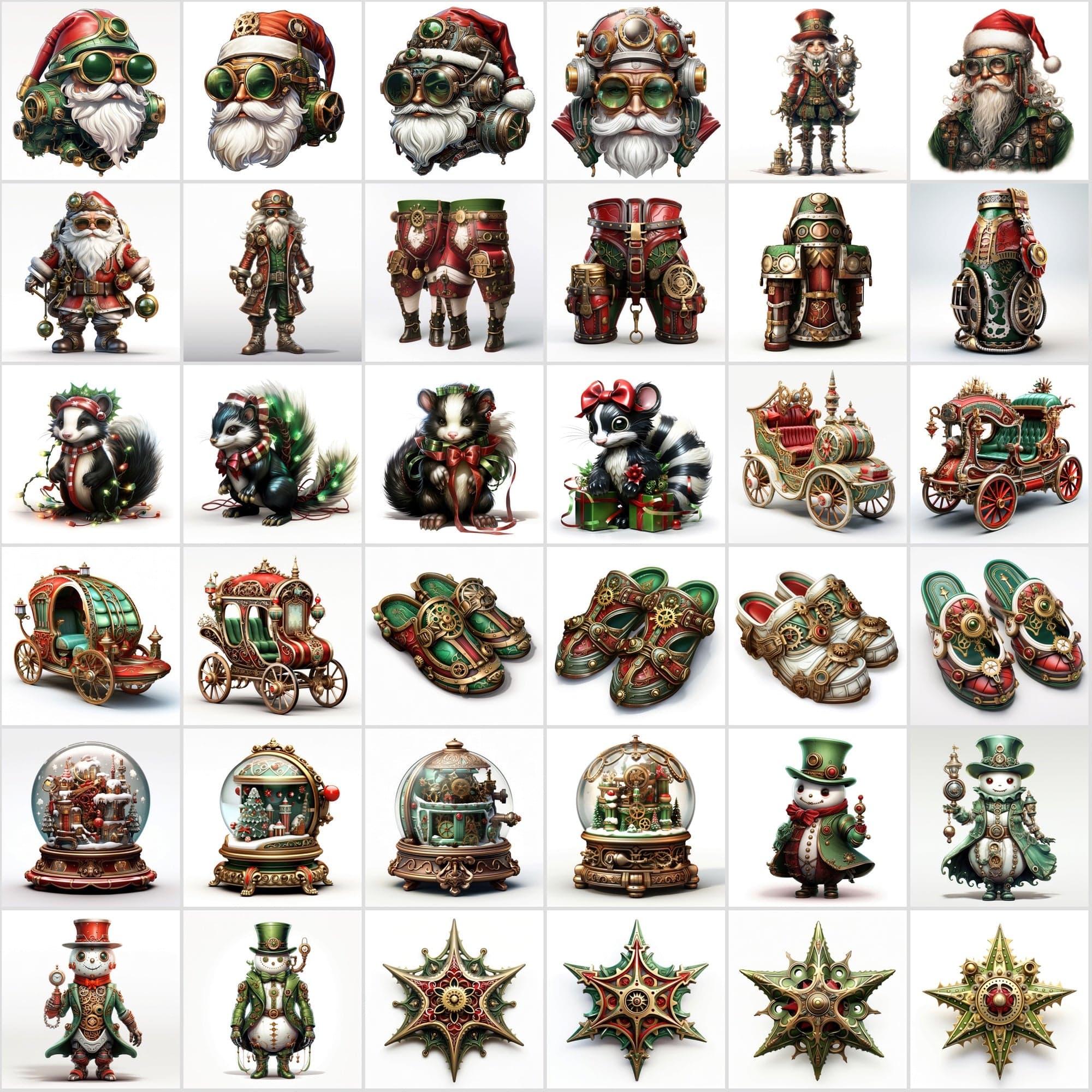 Steampunk Christmas Illustrations, Gothic Holiday Clipart, 280 JPG & 265 PNG Files with Commercial License, Vibrant Green & Red Digital Download Sumobundle