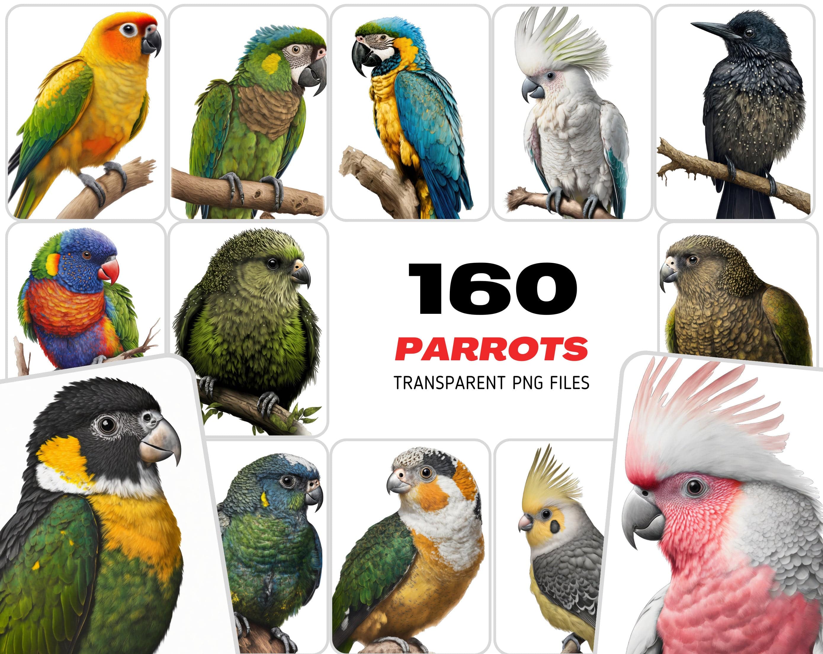 Stunning Parrot Image Bundle - 160 High-Quality PNG Parrot Illustrations with Transparent Backgrounds - Commercial Use - Digital Download Sumobundle