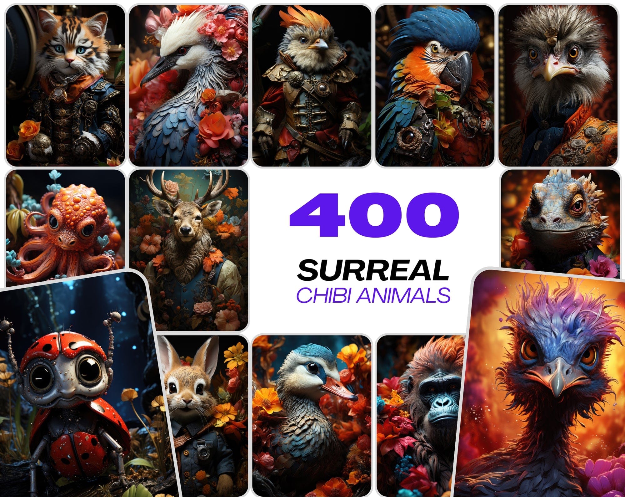 Surreal Chibi Style Animal Clipart - 400 High-Resolution JPGs, Commercial License Included Digital Download Sumobundle