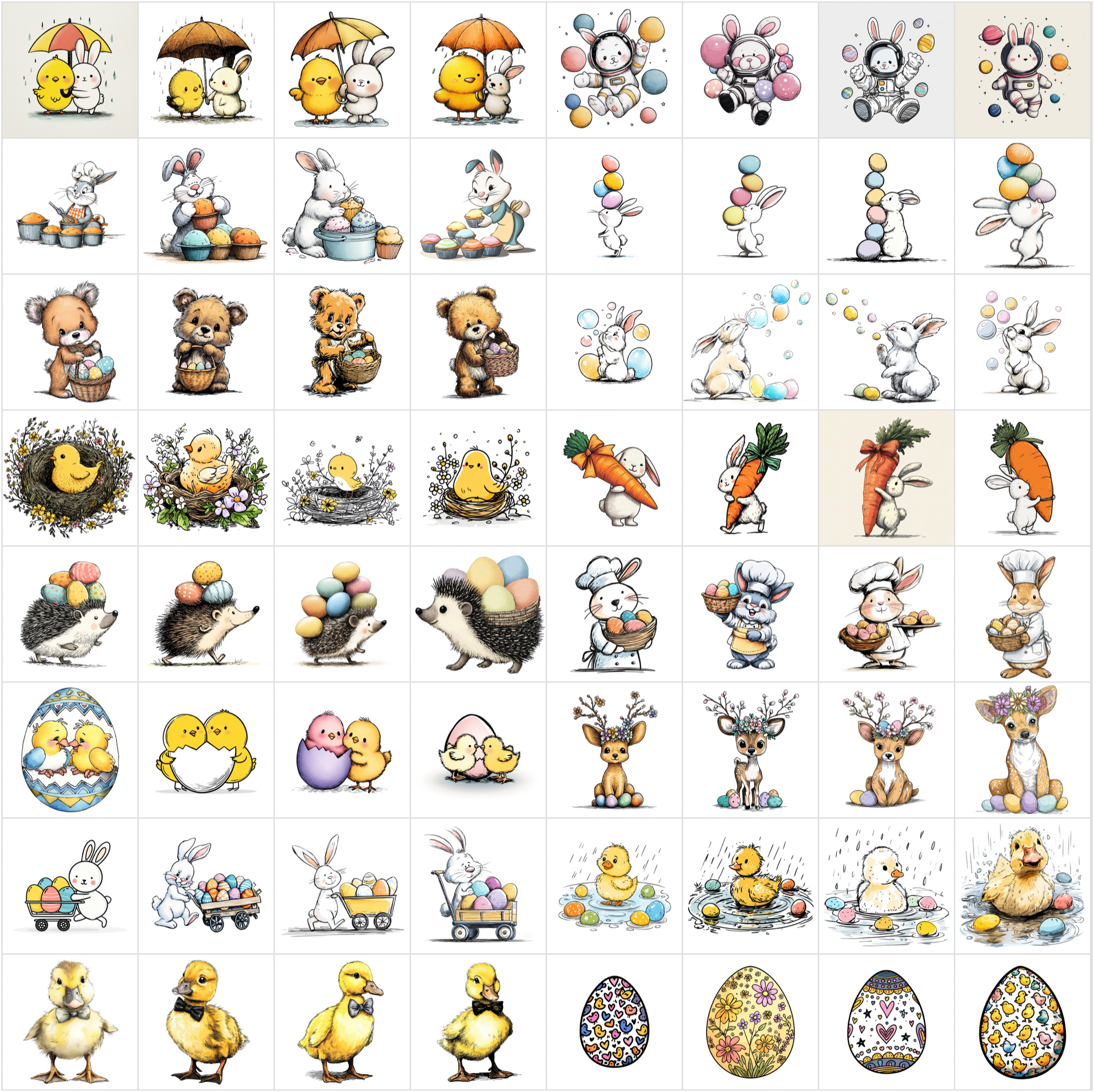 619 Easter Cartoon Illustrations - Cute Bunny, Chick & Spring Animal Clipart Bundle