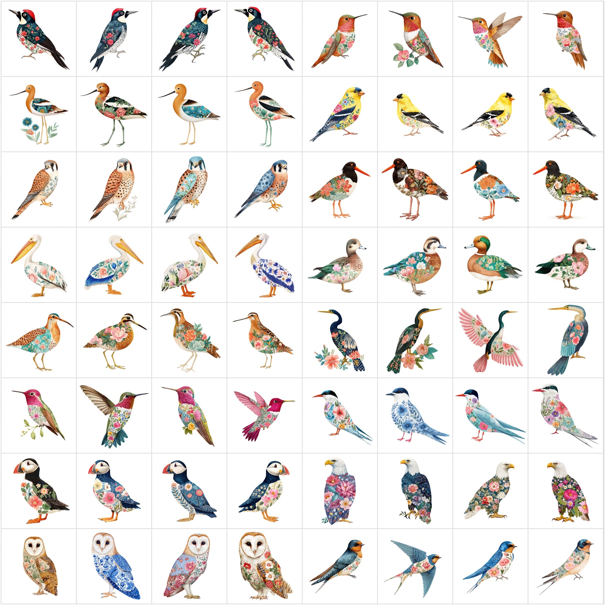 640 Watercolor Birds with Floral Patterns