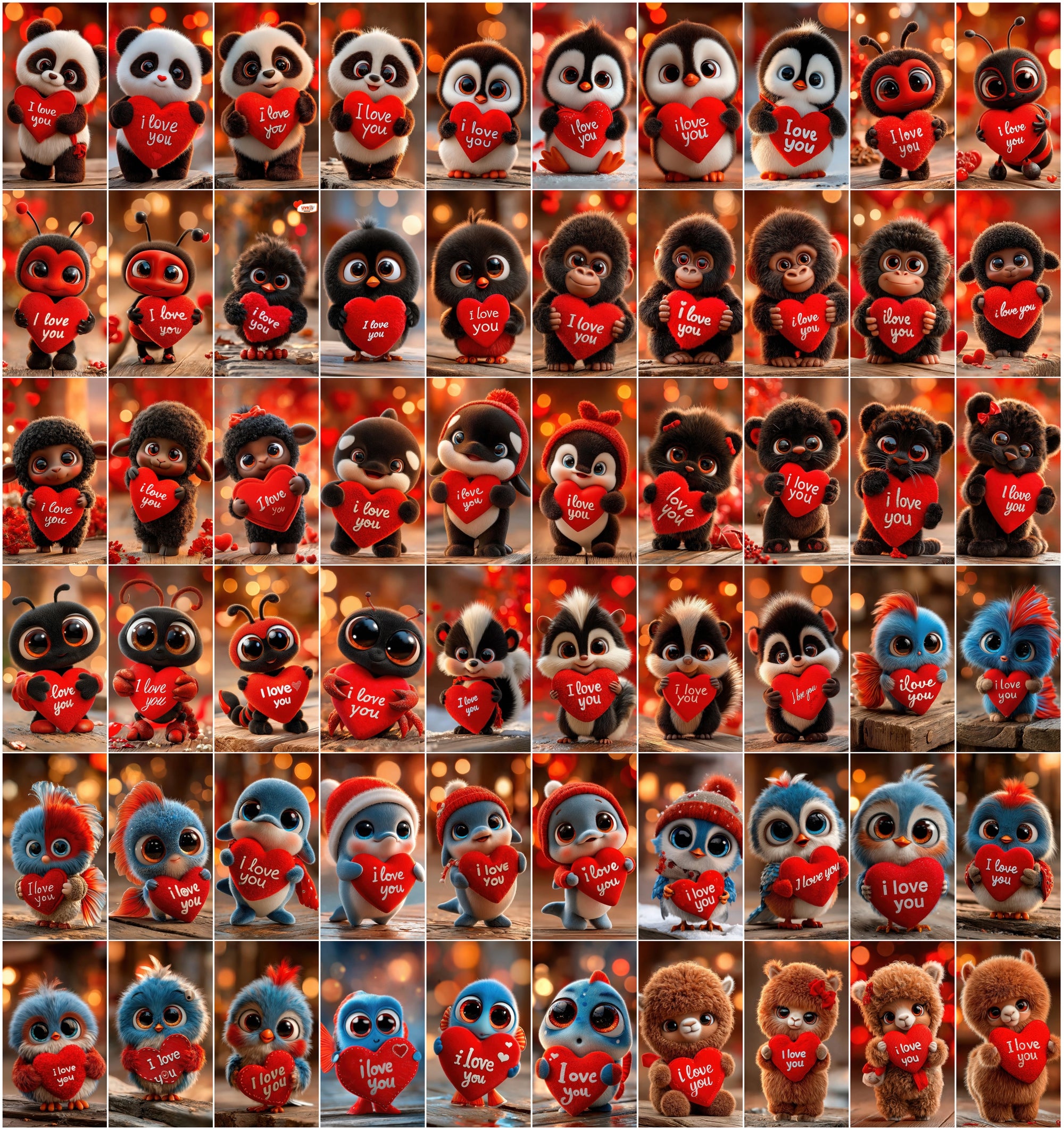 605 3D Cute Animal Love Illustrations Holding “I Love You” Hearts