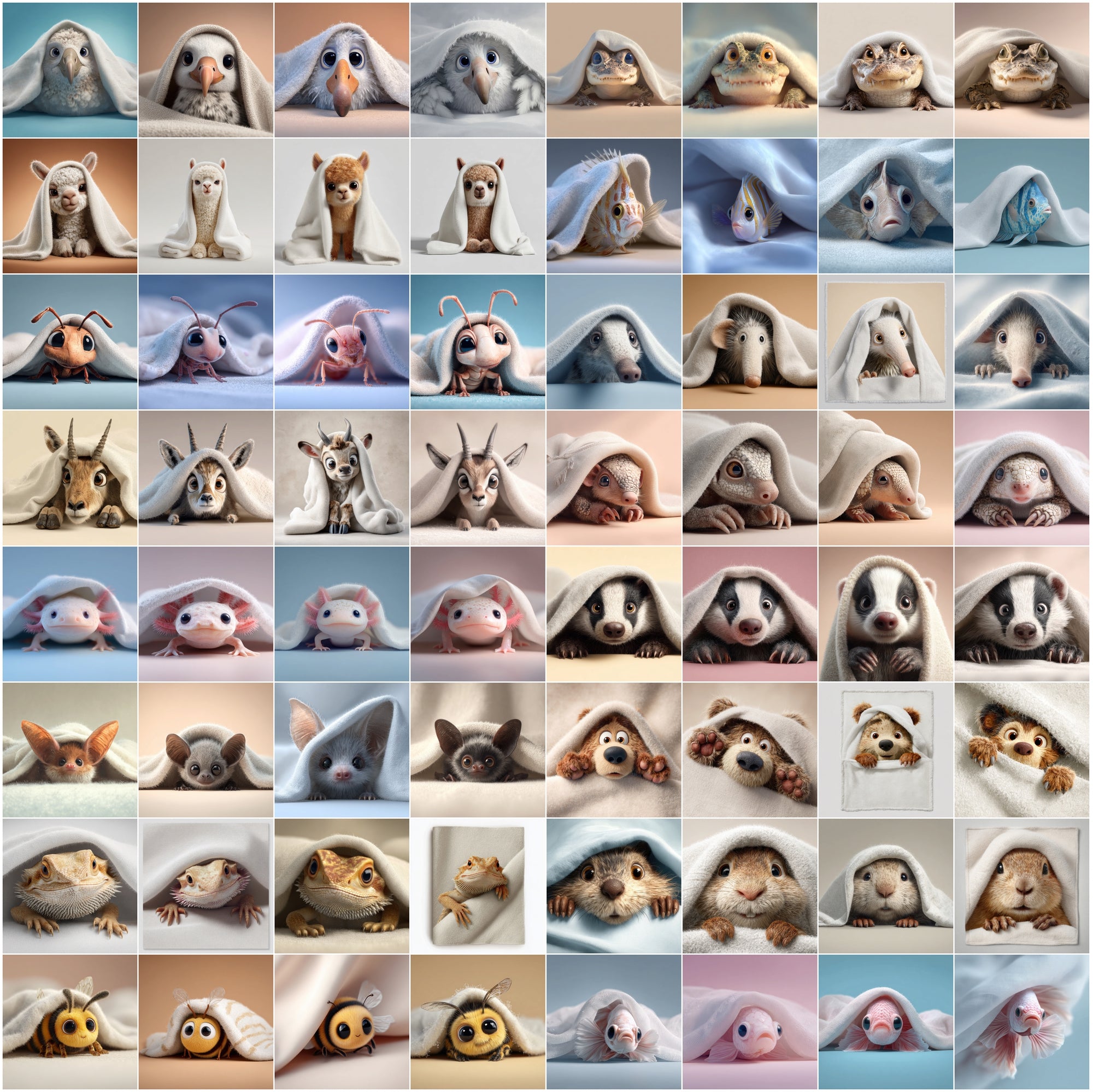 639 Cute Animals Hiding Under Blankets | Adorable 3D Pet Clipart Bundle