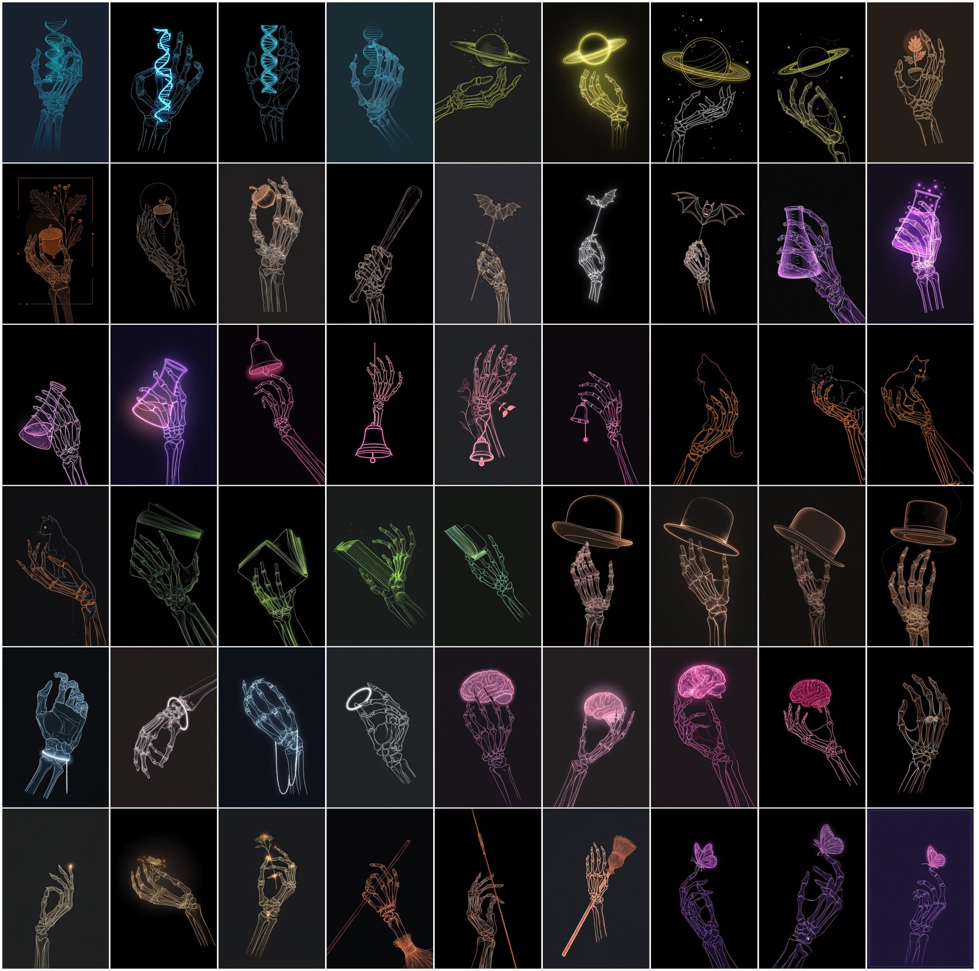 630 Skeleton Hand Neon Line Art Bundle, Halloween Clipart Pack, Gothic Posters