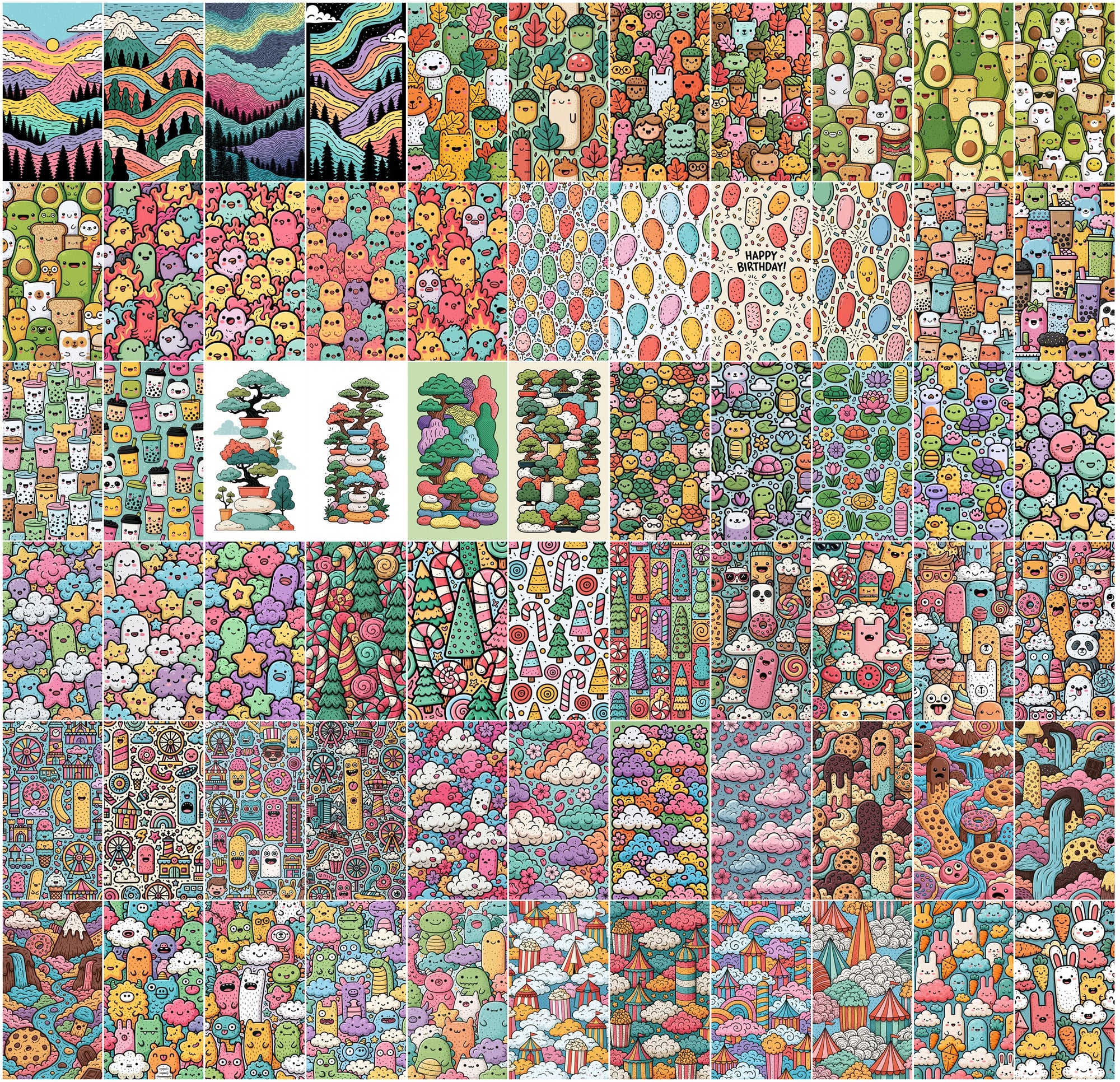 640 Doodle Art Clipart Bundle | Colorful Rainbow Dreamland Doodles, Kawaii Cloud & Candy Illustrations