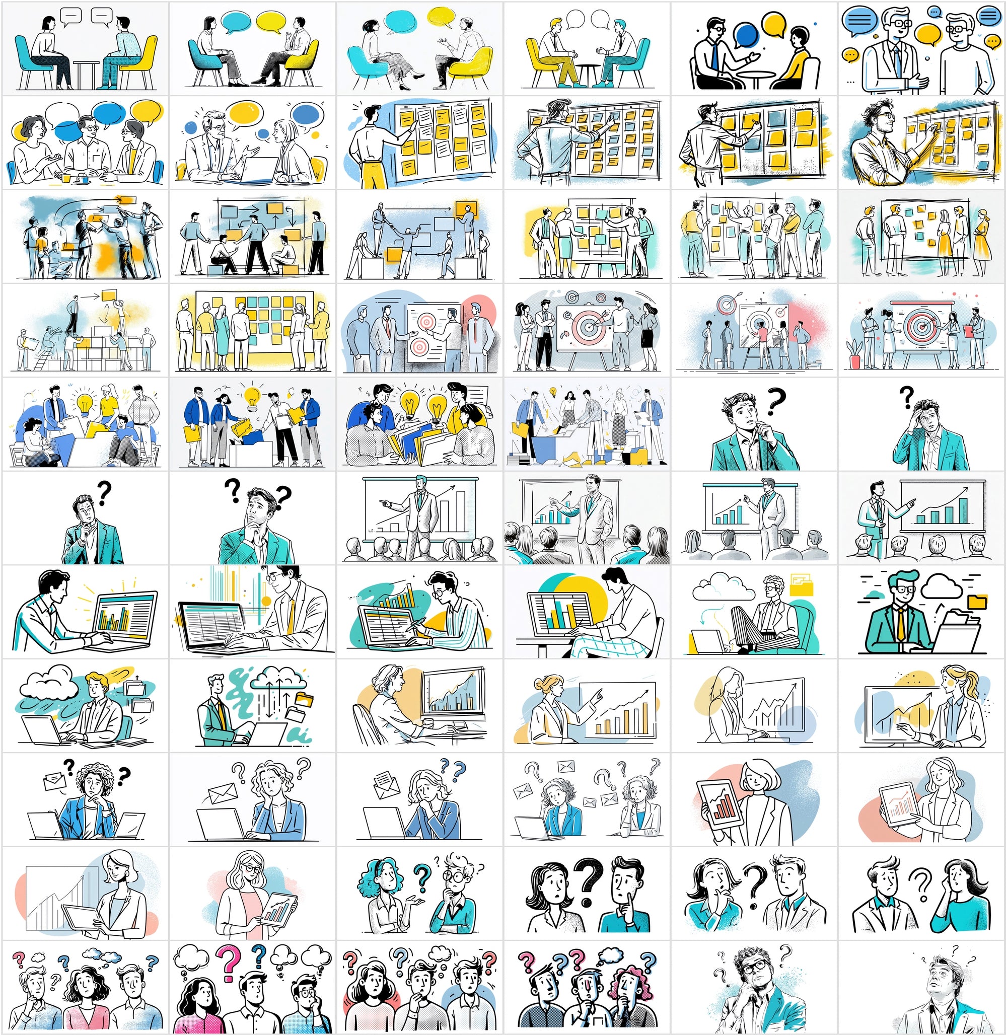 900 Business Line Art Illustrations – Chat, Office & Workflow Graphics Bundle