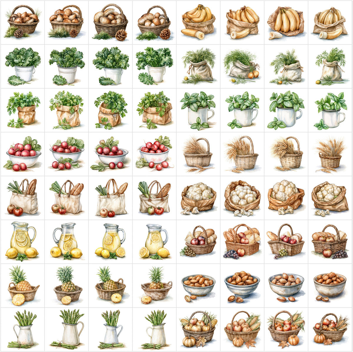 630 Fruit & Vegetable Illustrations – Farmhouse Kitchen Clipart Bundle, Harvest Food Art