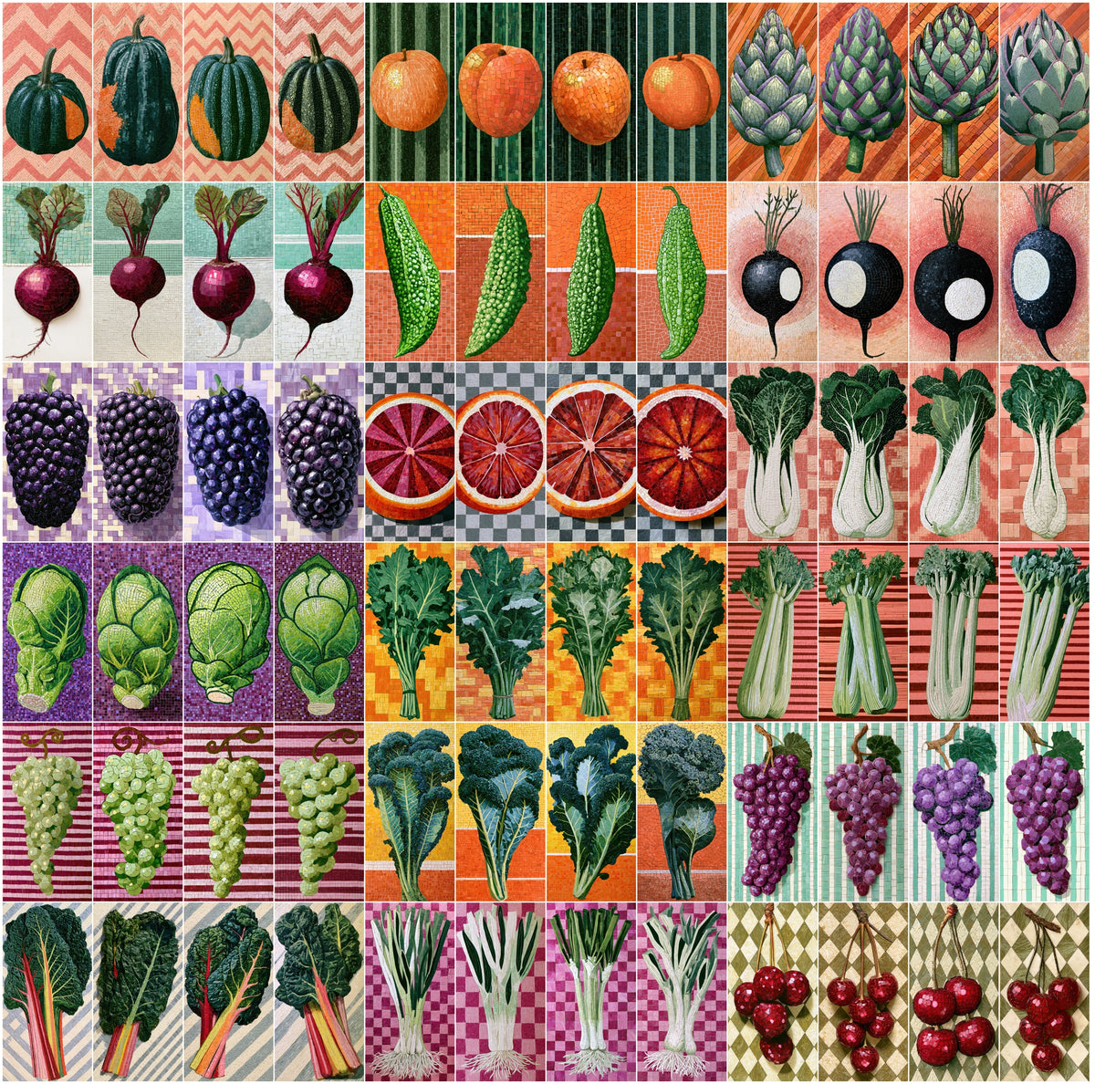 636 Mosaic Fruit & Vegetable Clipart Bundle | Mosaic Art Wall Prints, Kitchen Decor JPG