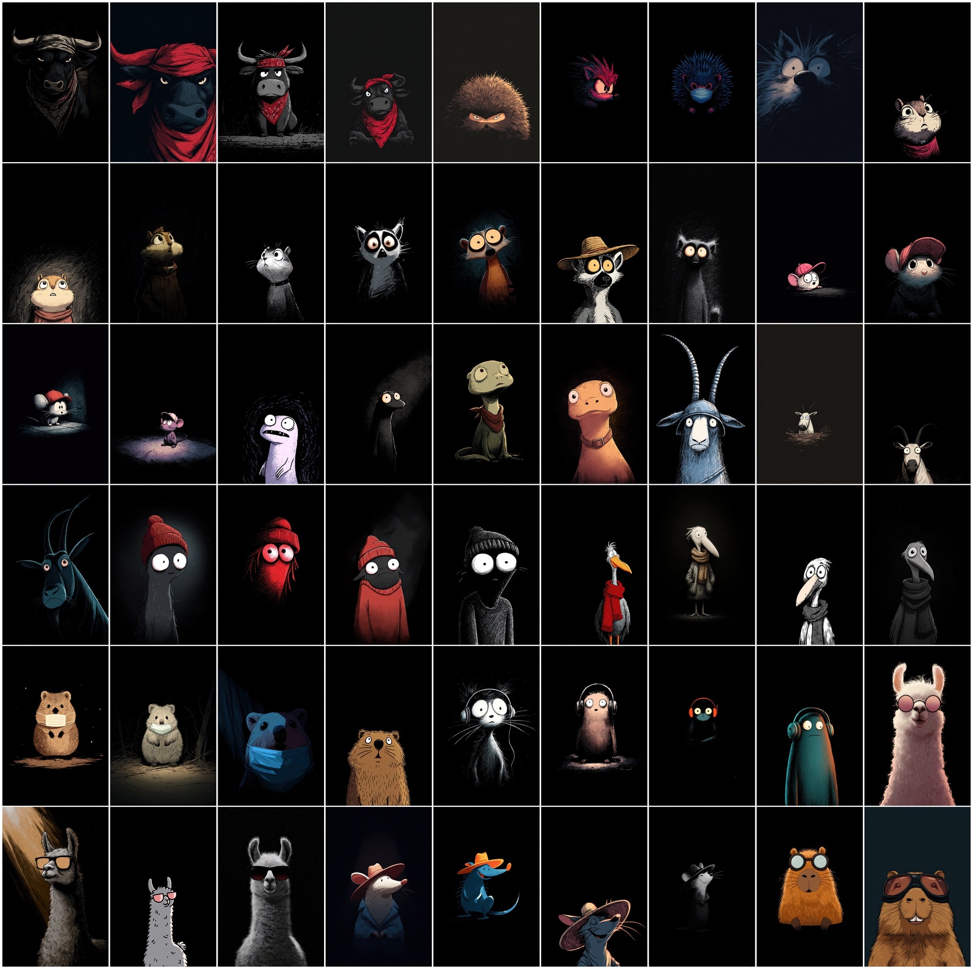 630 Animals Almost Visible in the Darkness | Cute Cartoon Animal Clipart Bundle | Dark Moody Illustrations