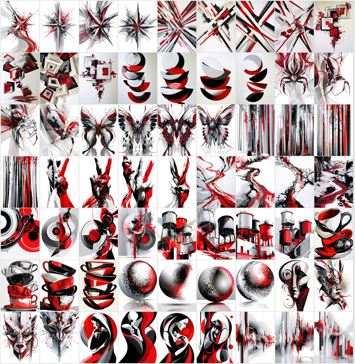 625 Abstract Art Prints Bundle | Red Black White Geometric Posters | Bauhaus Cubist Wall Art