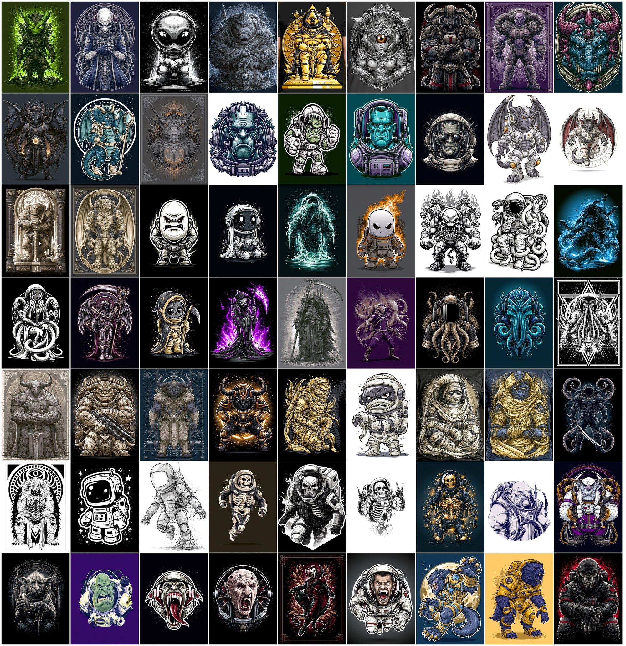 610 Monster Mashup T-Shirt Designs Bundle | Bold Graphic Character Illustrations