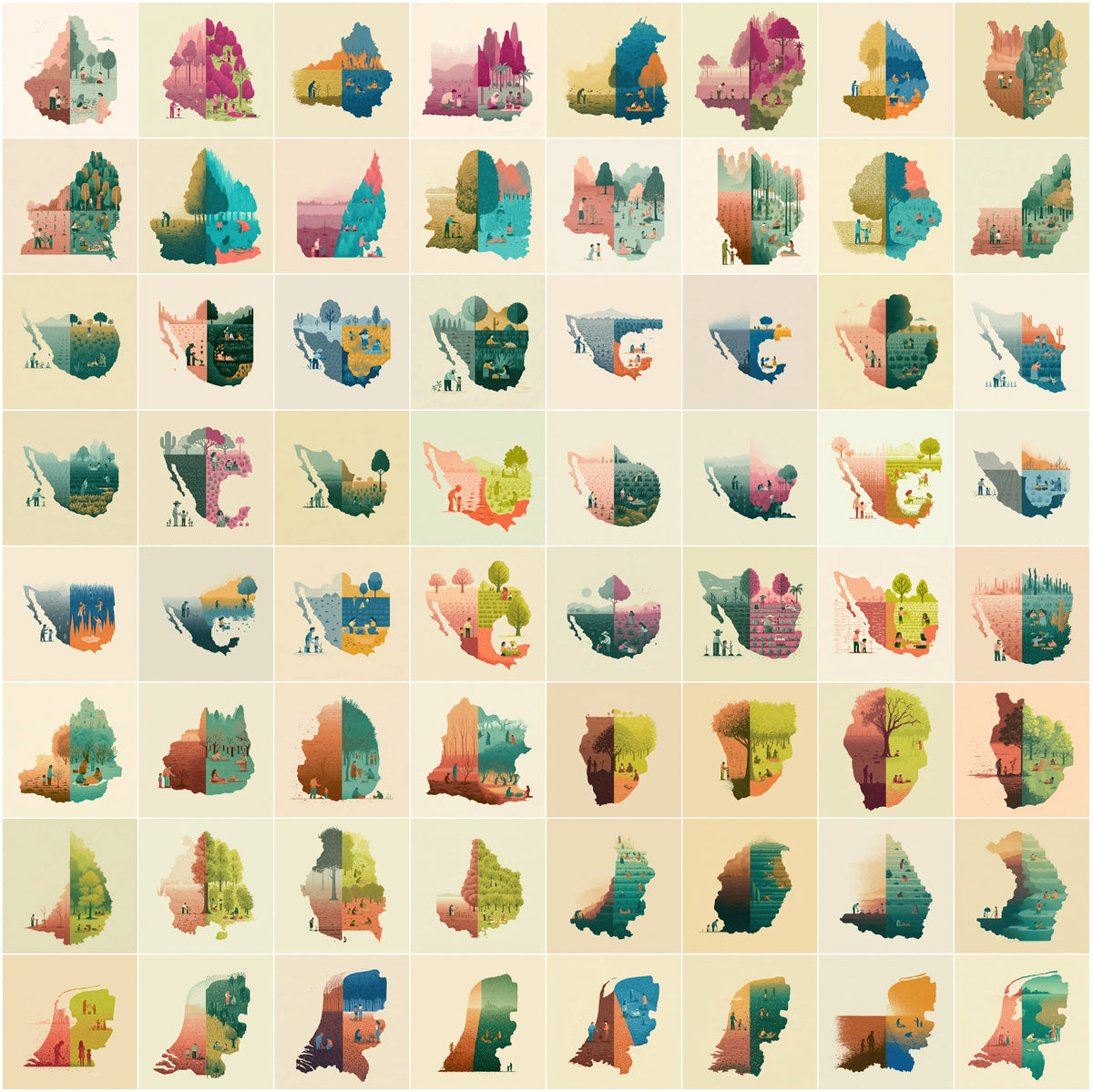 1270 Country Map Silhouette Posters - World Map Wall Art Bundle, Heritage & Harvest Split Designs