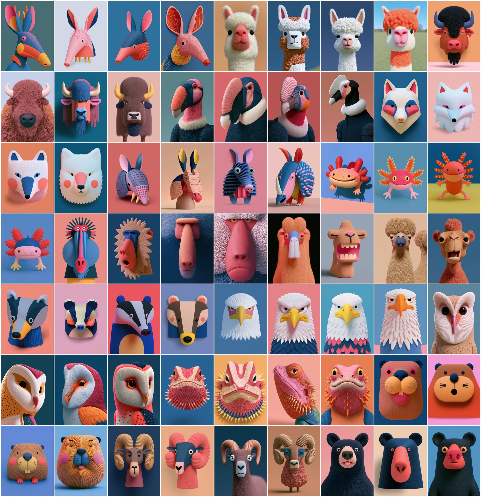 630 3D Animal Portrait Bundle | Stylized Clay & Paper-Craft Animal Head Art, Bold Color Backgrounds, Commercial Use