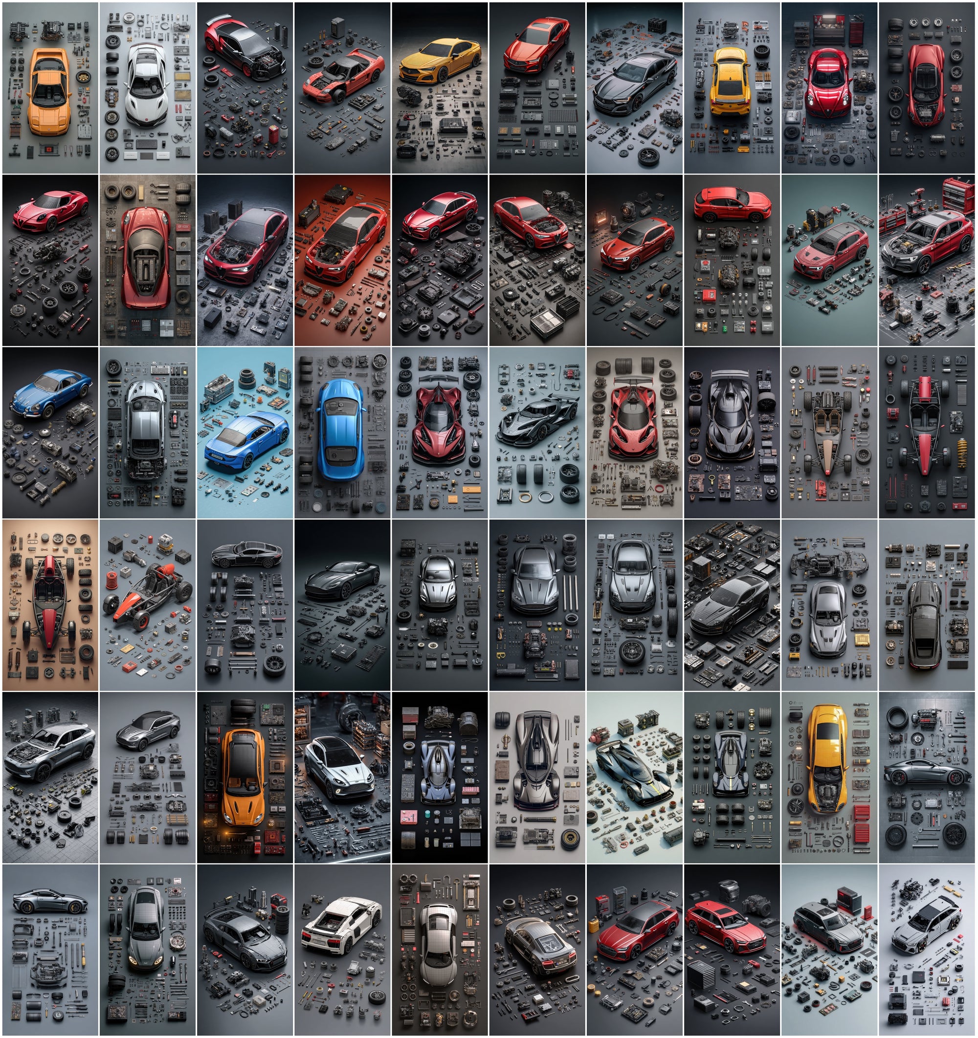 620 Disassembled Supercar Images | Automotive Parts Art