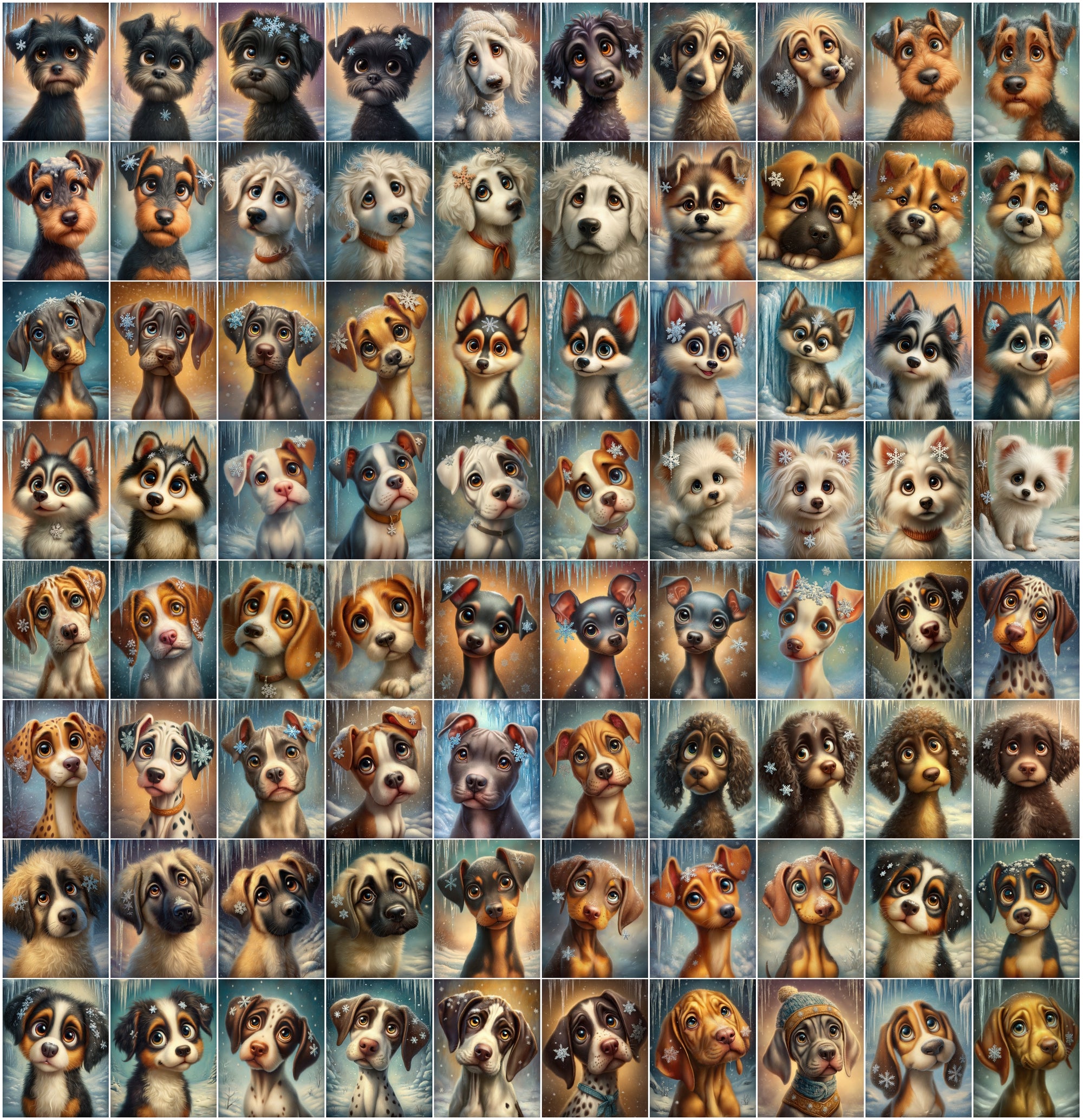 1080 Cute Dog Breed Illustrations – High-Resolution Winter Puppy Art with Commercial License