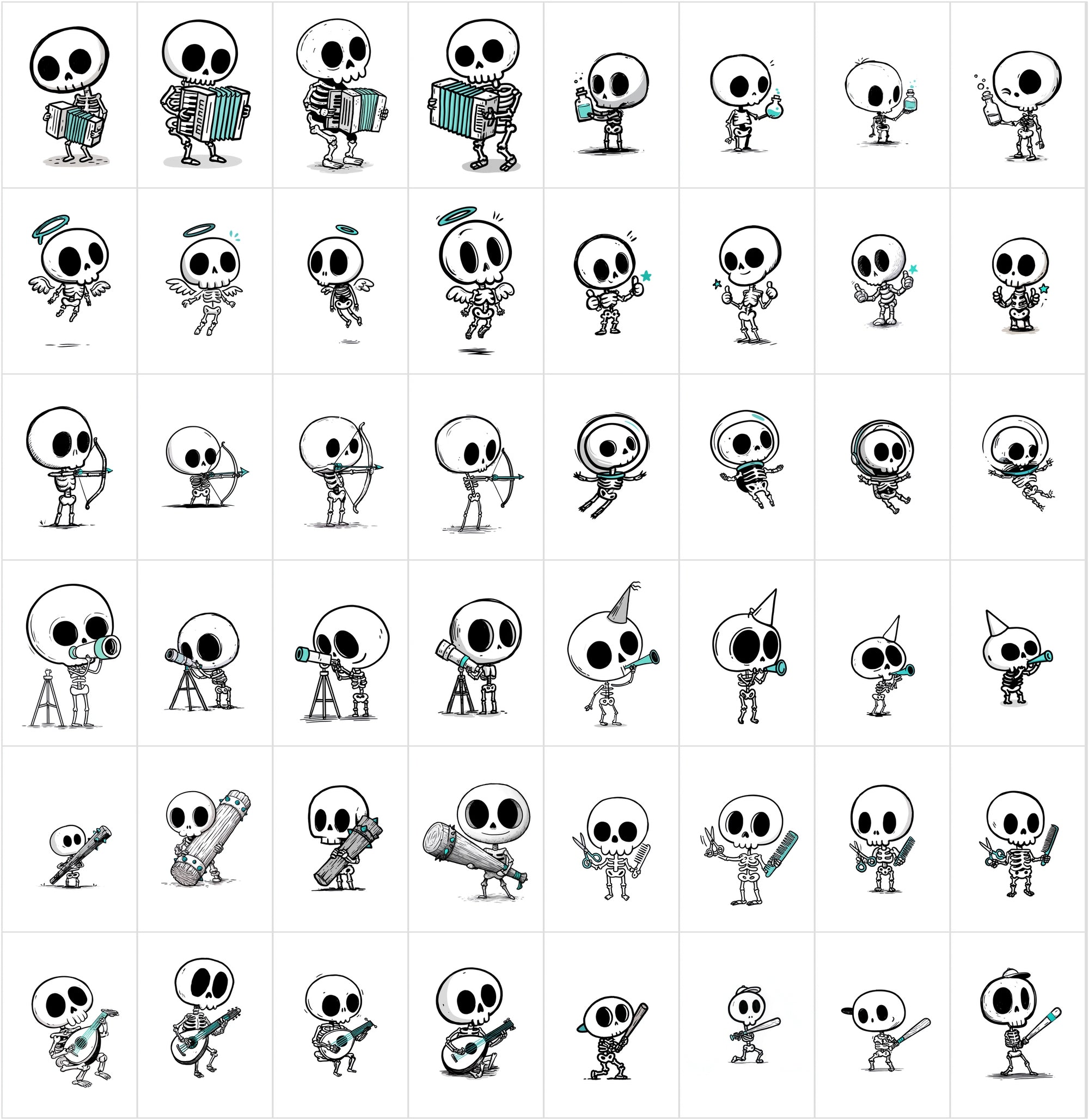 600 Cute Skeleton Doodle Clipart Bundle | Hand Drawn Stickman Skull Illustrations