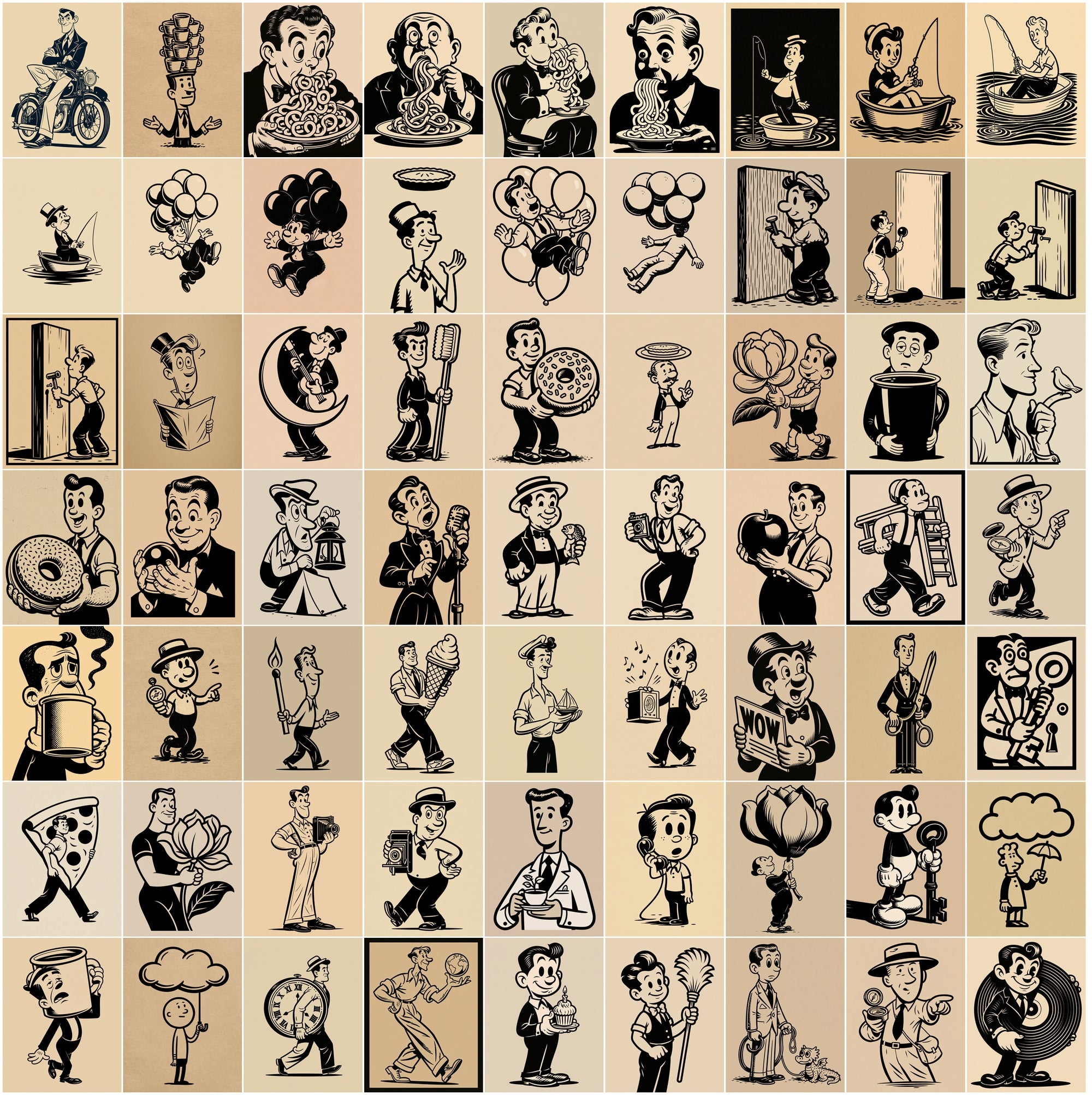 600 Retro Cartoon Illustrations Bundle, Vintage T-Shirt Graphics, JPG Clipart with Commercial License