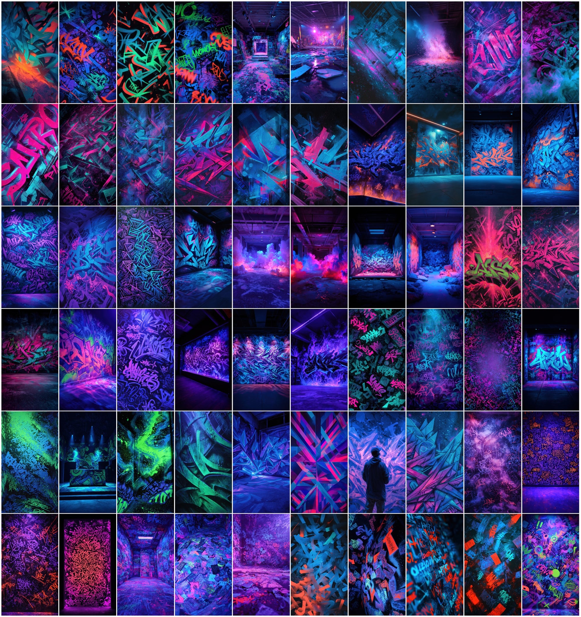 635 Neon Graffiti Wall Backgrounds - Blacklight UV Fluorescent Street Art
