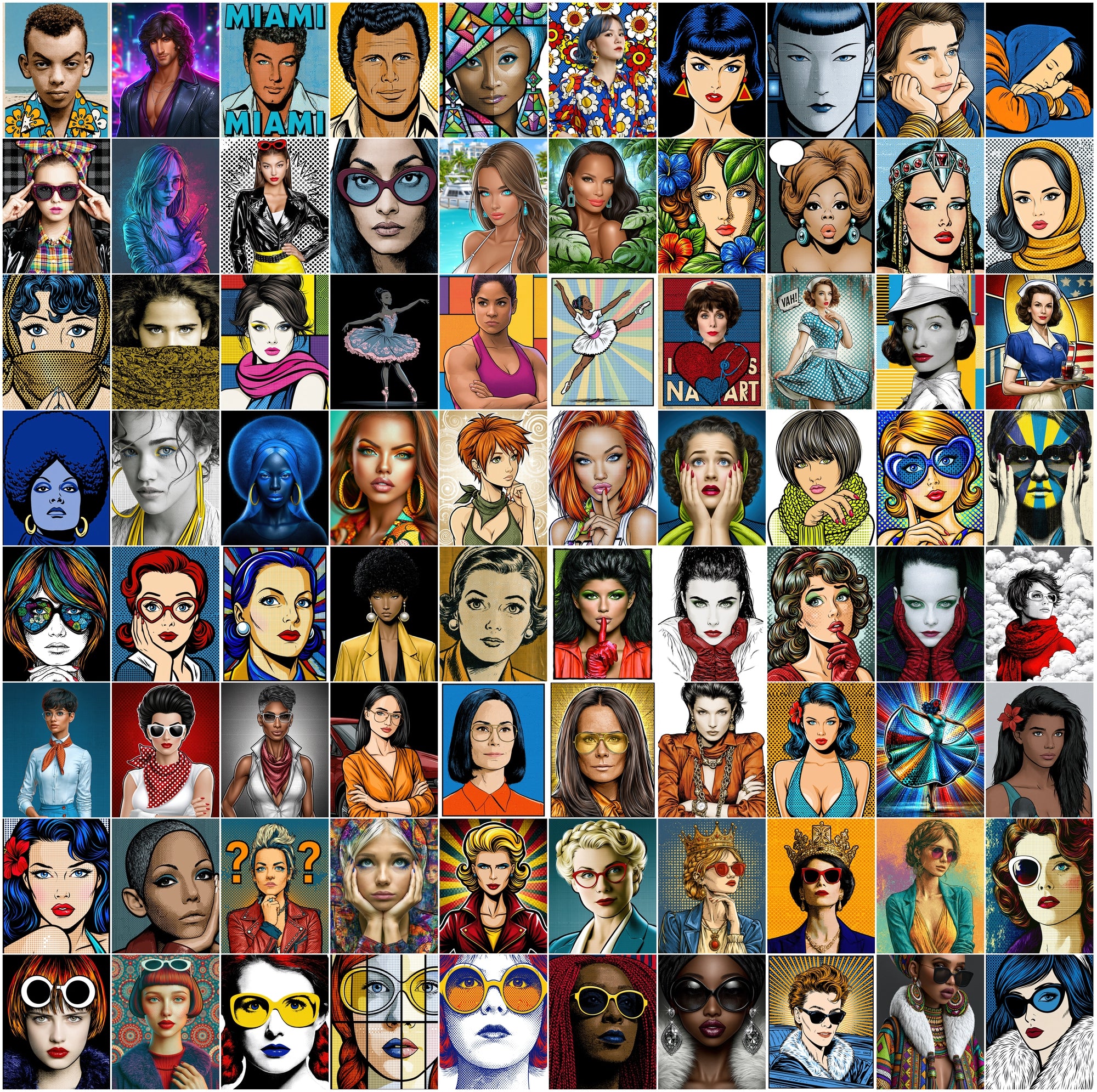 615 Pop Art Portrait Images, Commercial Use JPG Bundle, Retro Synthwave Comic Illustrations for Prints & Digital Design