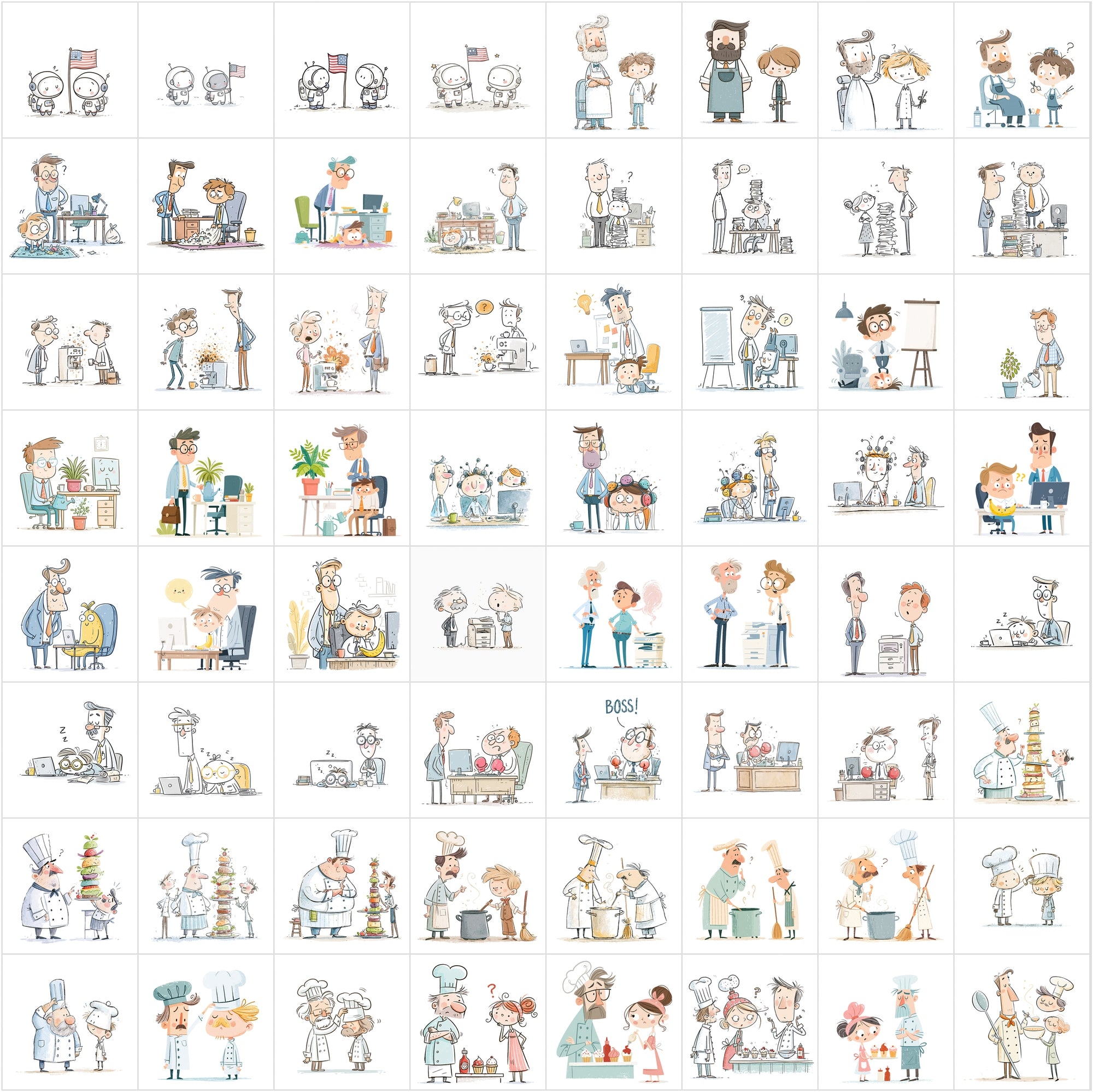 630 Funny Cartoon People Interaction Illustrations JPG Bundle