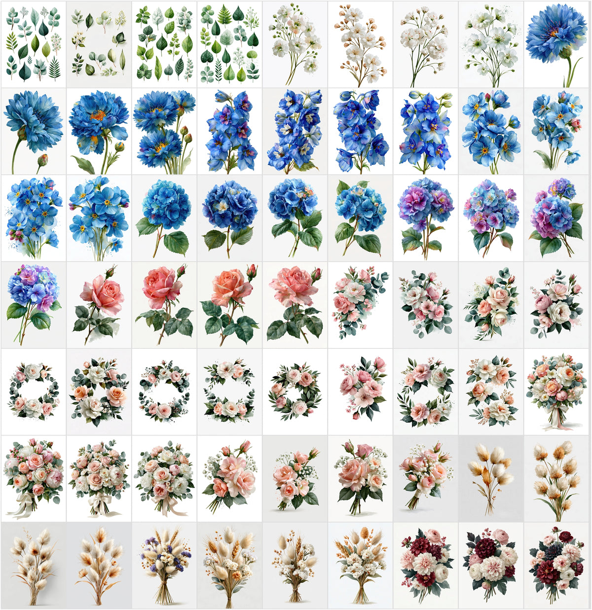 635 Watercolor Flowers Clipart Bundle – Wedding Florals, Bouquets, Wreaths & Greenery PNG-Ready JPG, Commercial Use