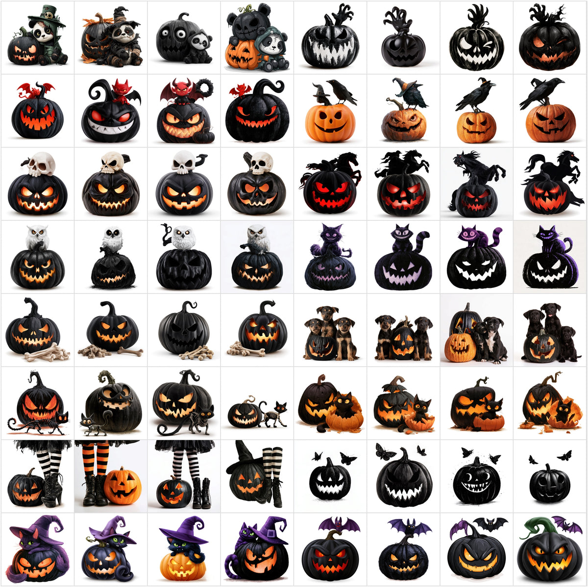 632 Halloween Cartoon Pumpkin Clipart Bundle – Spooky Jack-o’-Lantern Characters on White Background,