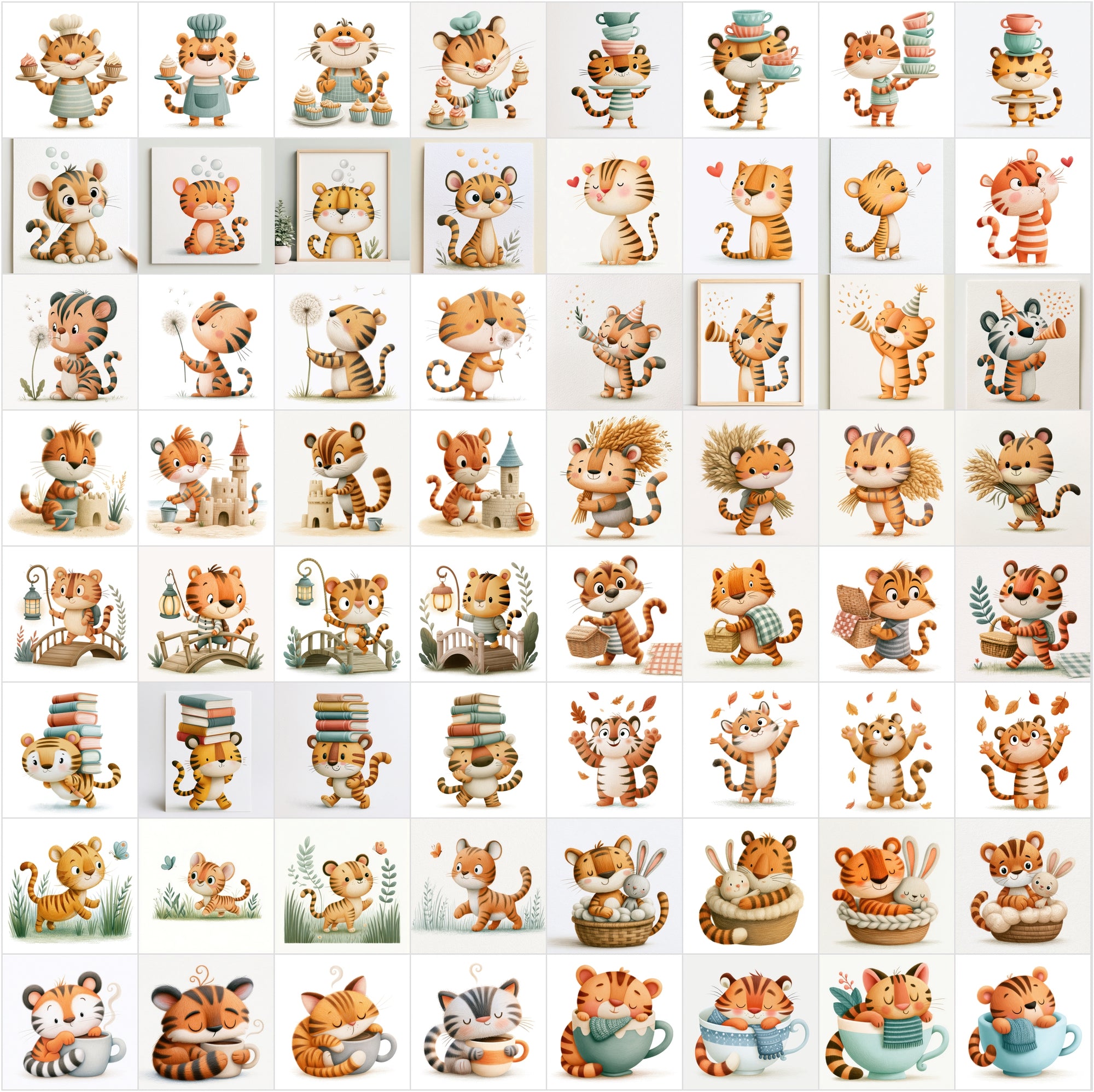 630 Cute Tiger Clipart Bundle | Whimsical Children's Book Illustrations