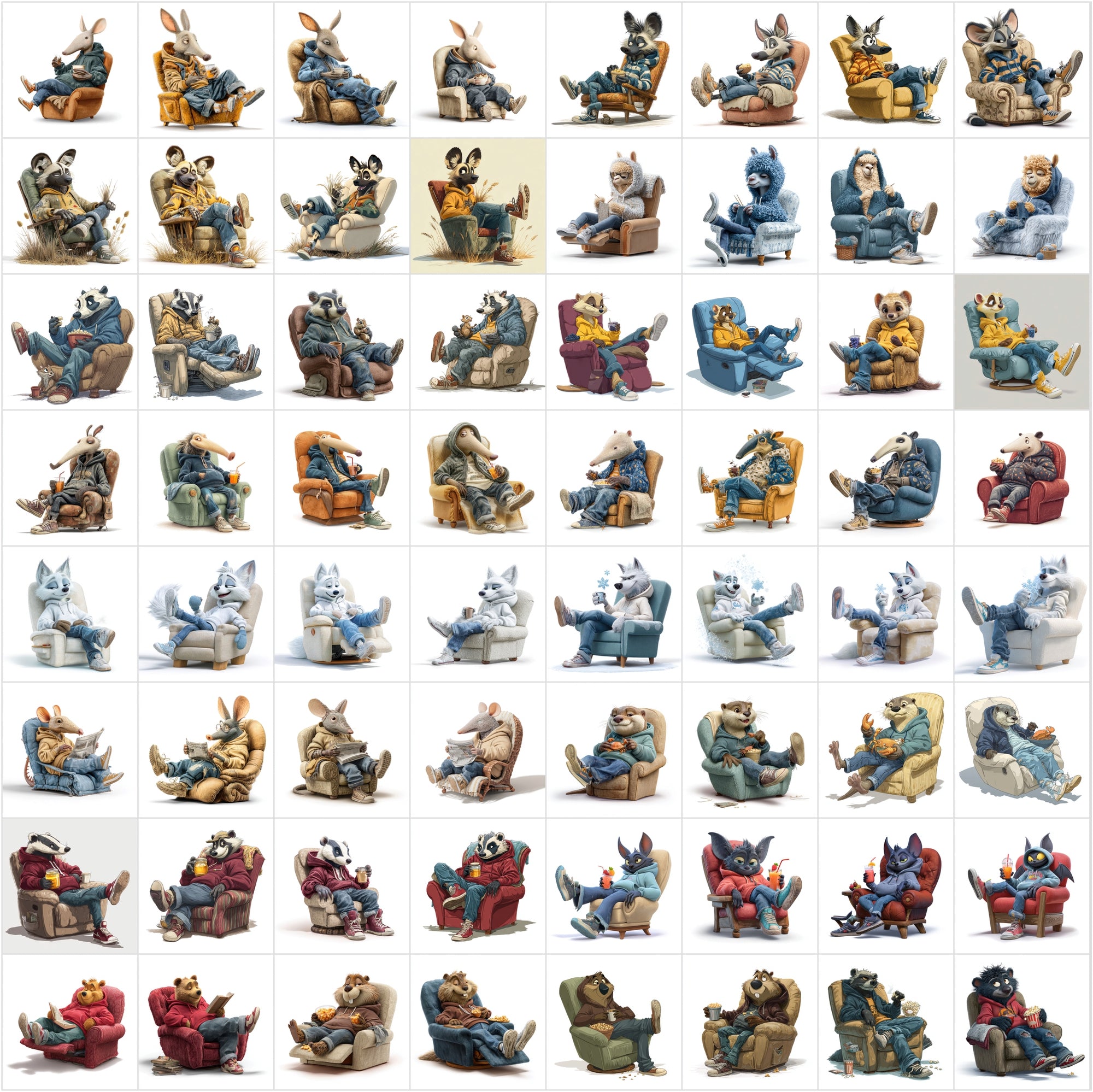 610 Cute Animals Relaxing on Recliners Clipart Bundle