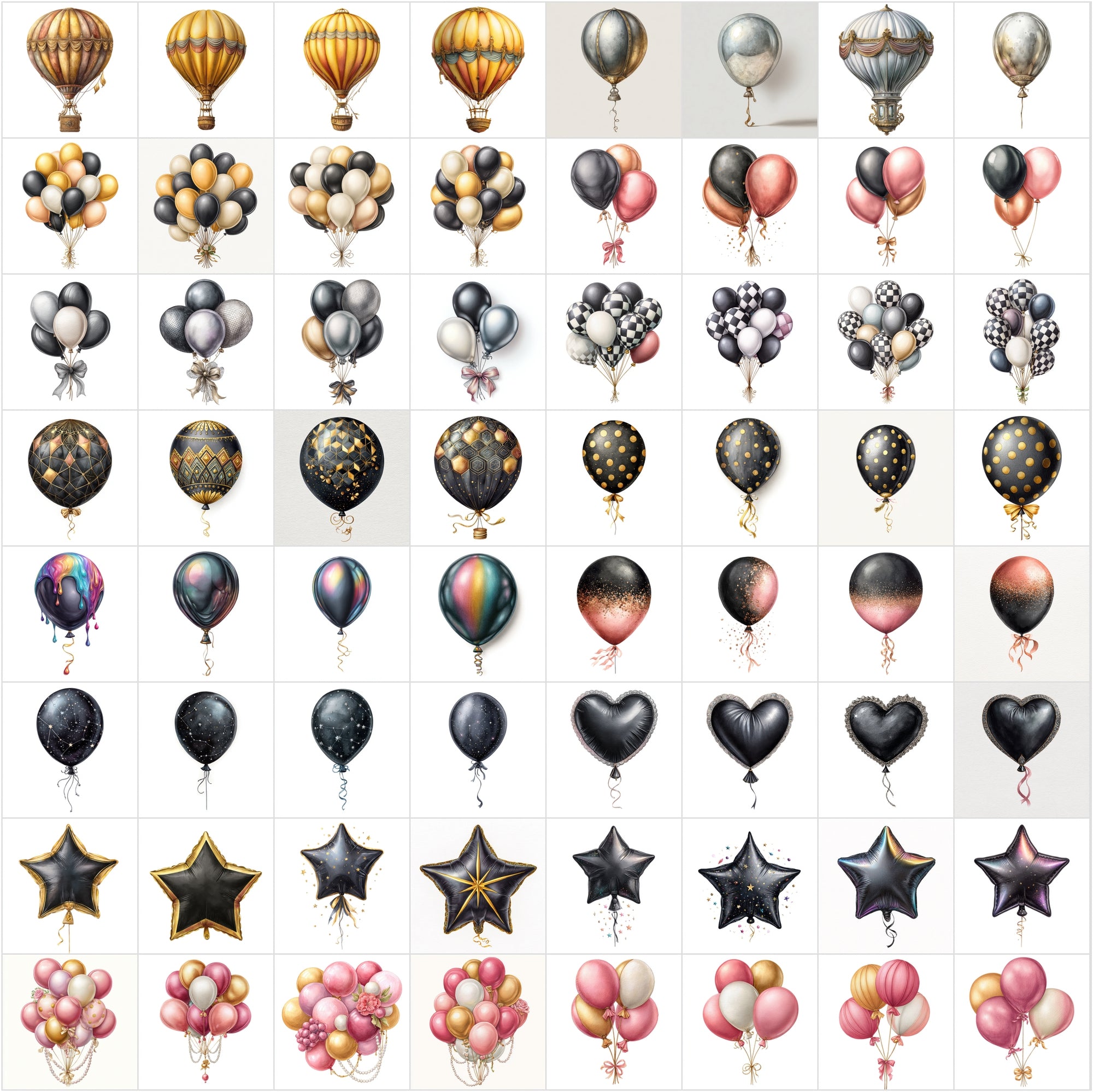 635 Watercolor Balloon Clipart Bundle • Metallic & Luxury Balloon Set