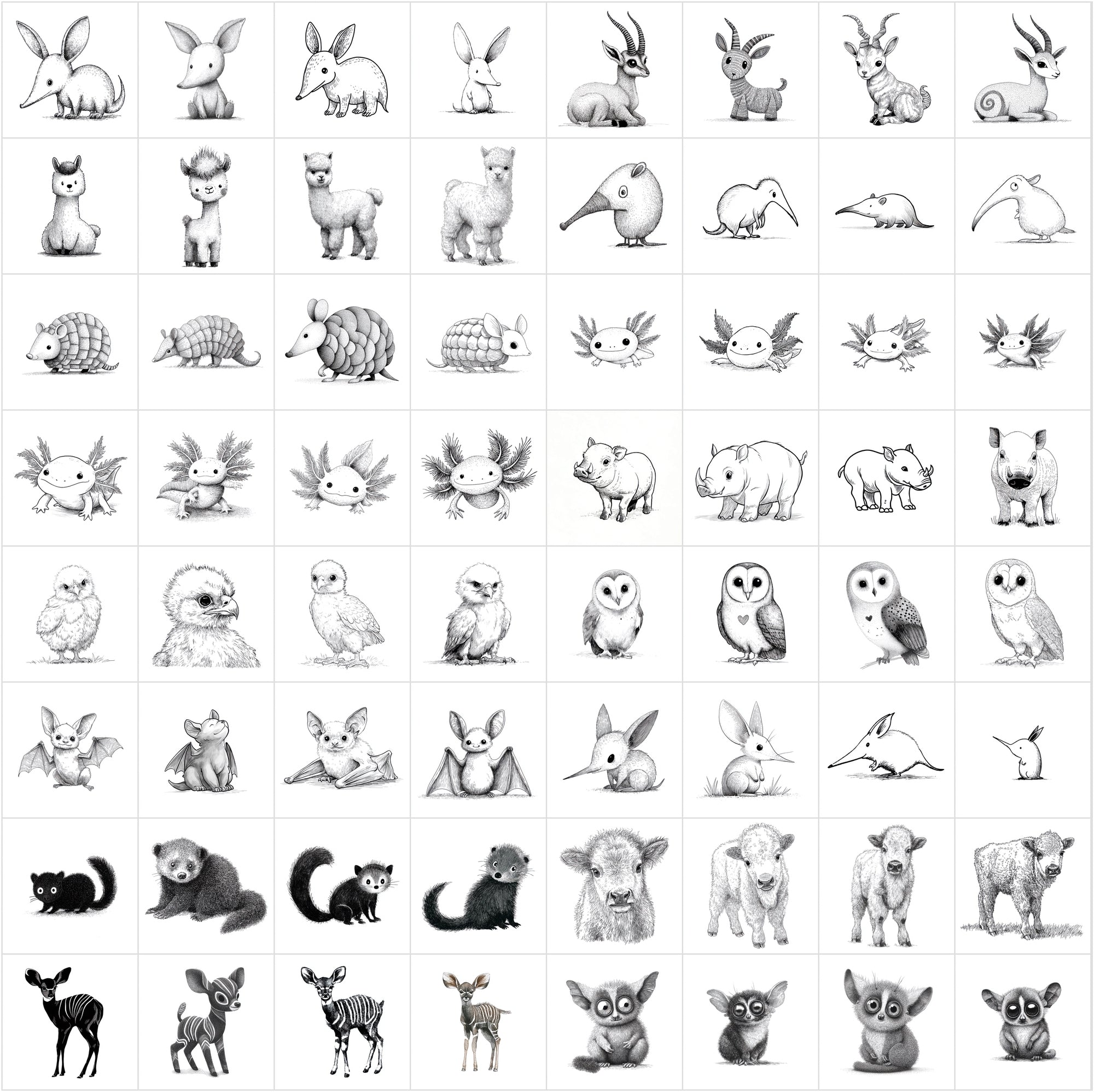 625 Children's Book Animal Illustrations — Black & White Line Art Bundle