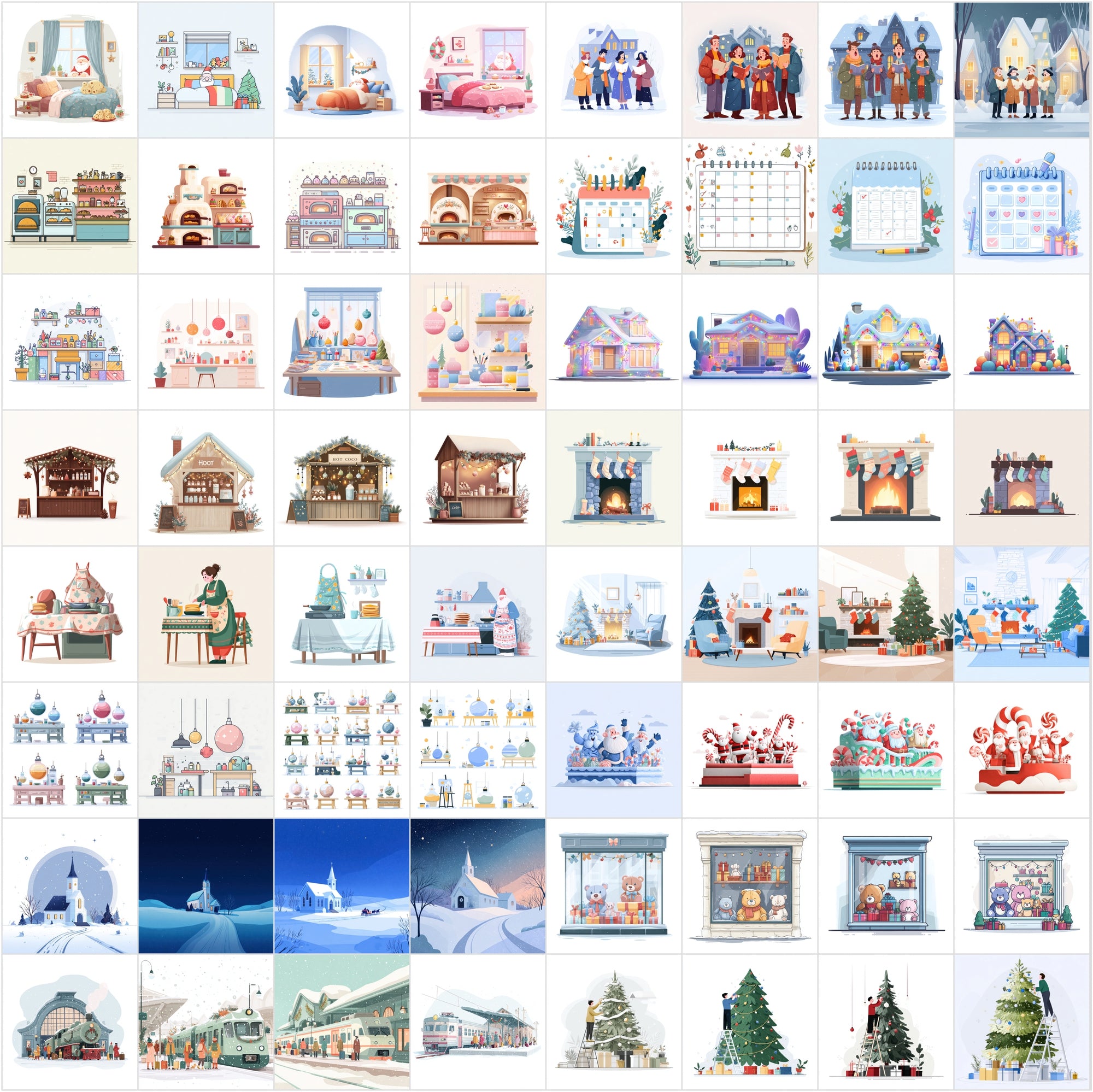 630 Minimalistic Cartoon Illustrations | Holiday & Seasonal Scenes