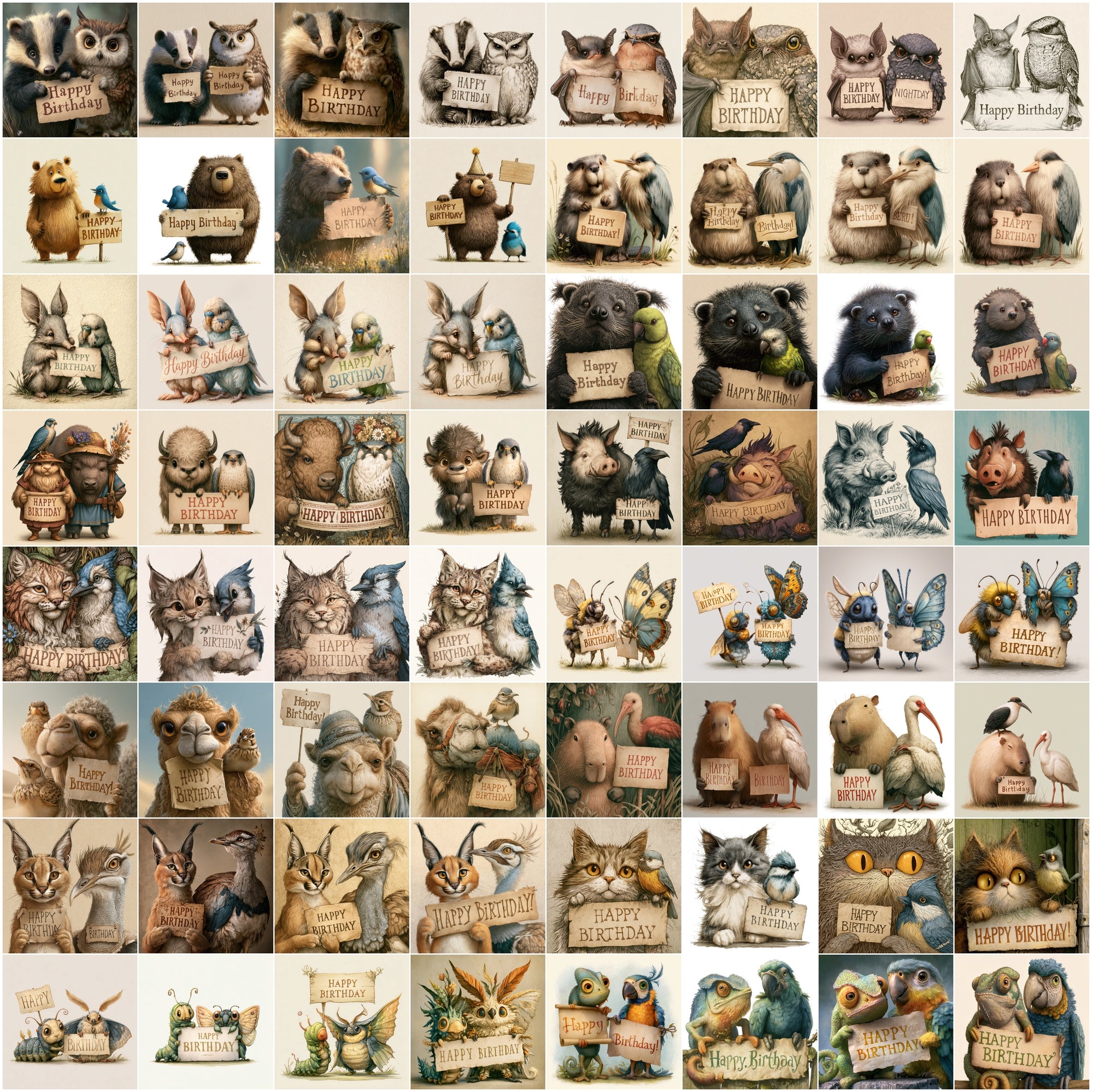 625 Birthday Animals Clipart Bundle | Fairy Tale Animal Birthday Card PNG JPG Set