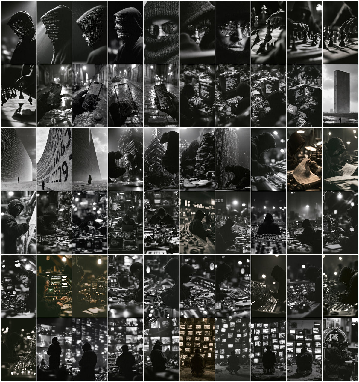 635 Hacker Images Bundle – Black & White Cyberpunk Photography, Binary Code & Hooded Hacker Wallpapers, 9:16 JPG, Commercial License