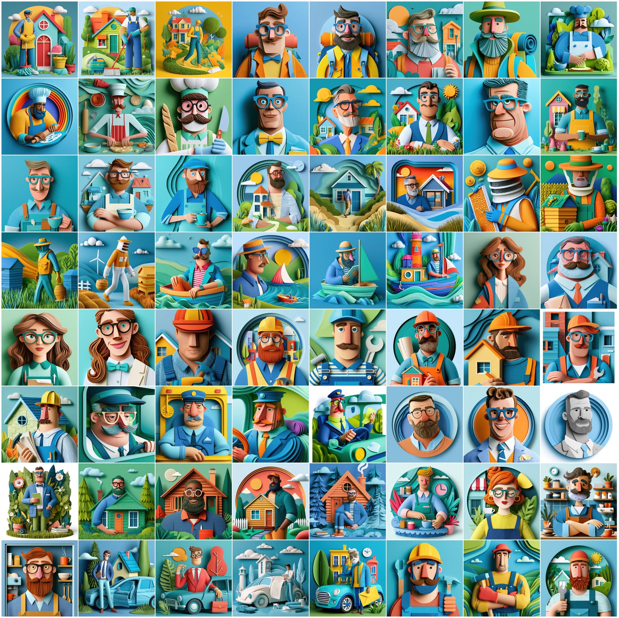 630 Layered Paper Cut Professional Character Illustrations