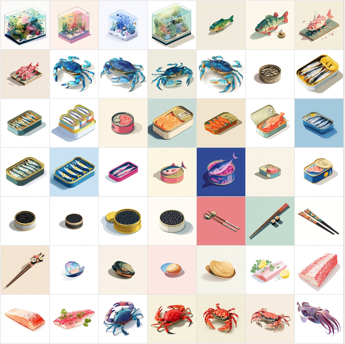 400 Flat Isometric Seafood & Sushi Illustrations