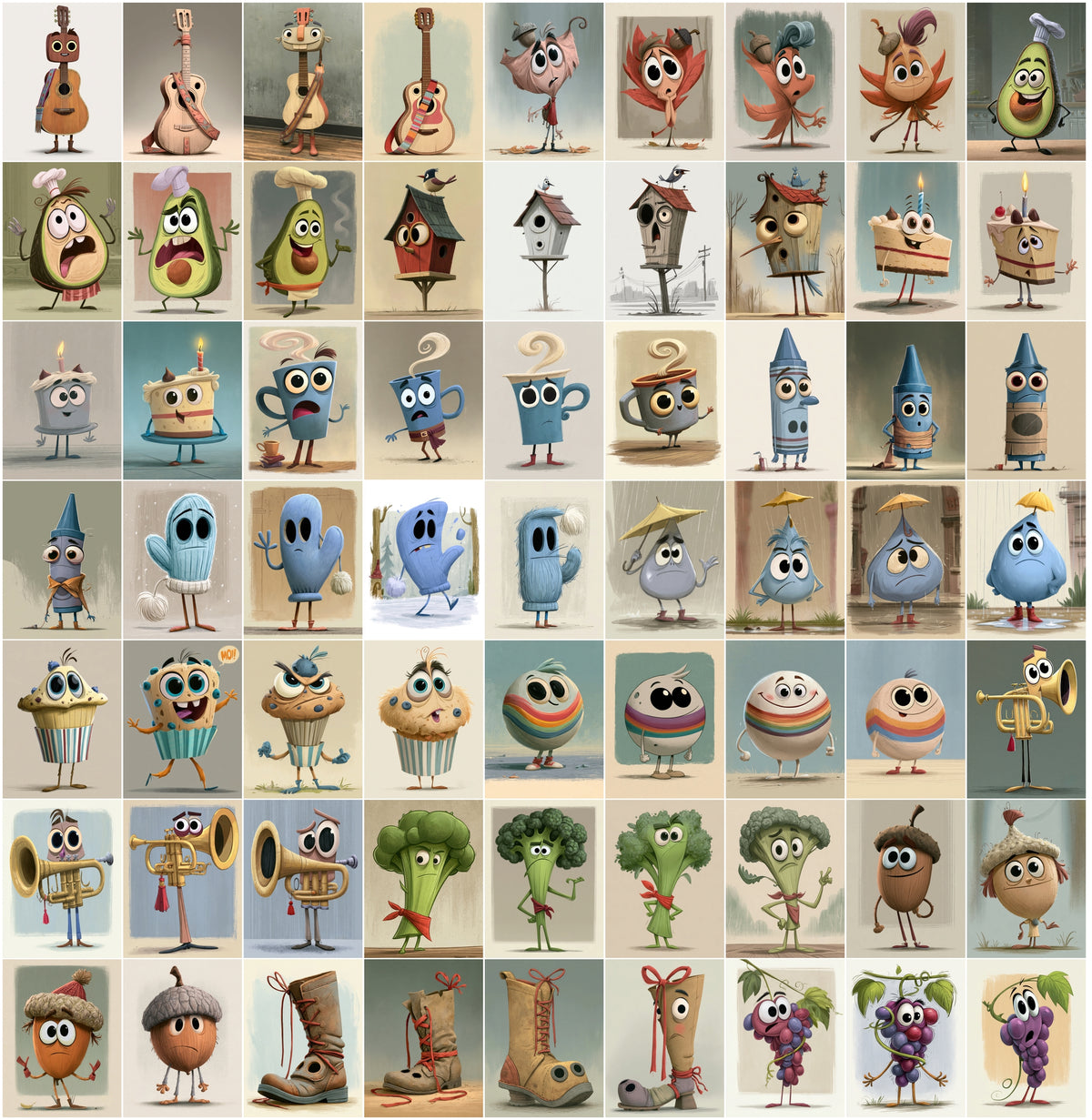 640 Cute Mascot Character Images – Whimsical Object Mascots with Big Eyes, High-Res JPG, Commercial License