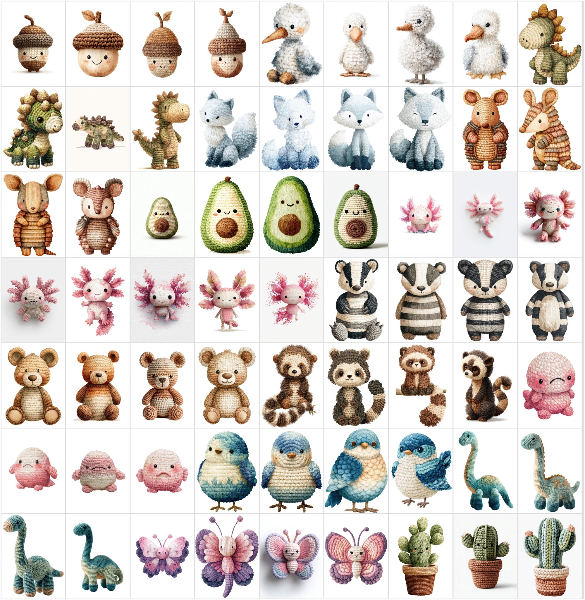 620 Crochet Animal Watercolor Clipart Bundle, Cute Nursery JPG Collection, Woodland Farm Ocean Fantasy Baby Shower Art