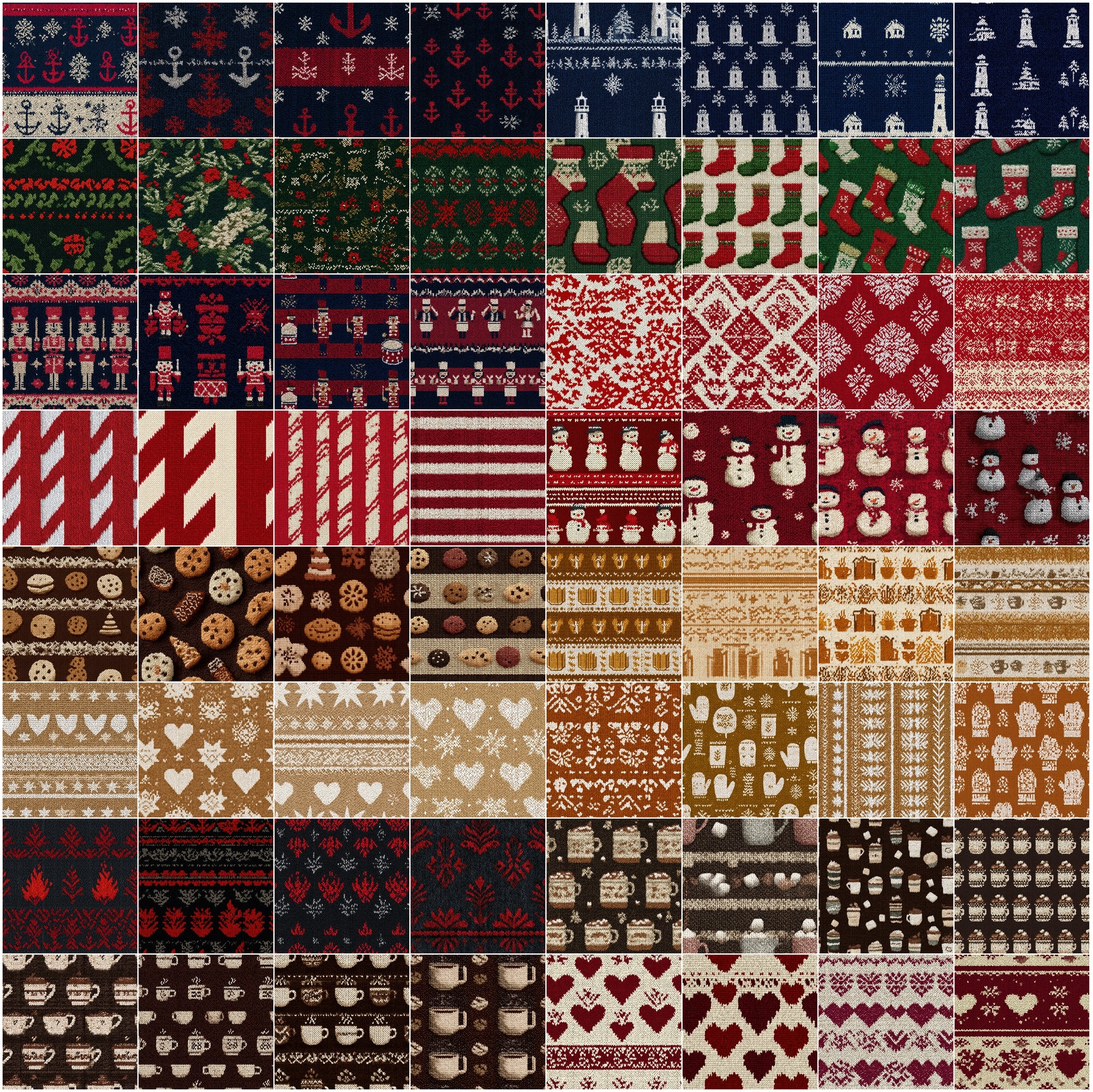 640 Seamless Christmas Knit Patterns, JPG + PAT, Holiday Sweater Textures with Commercial License