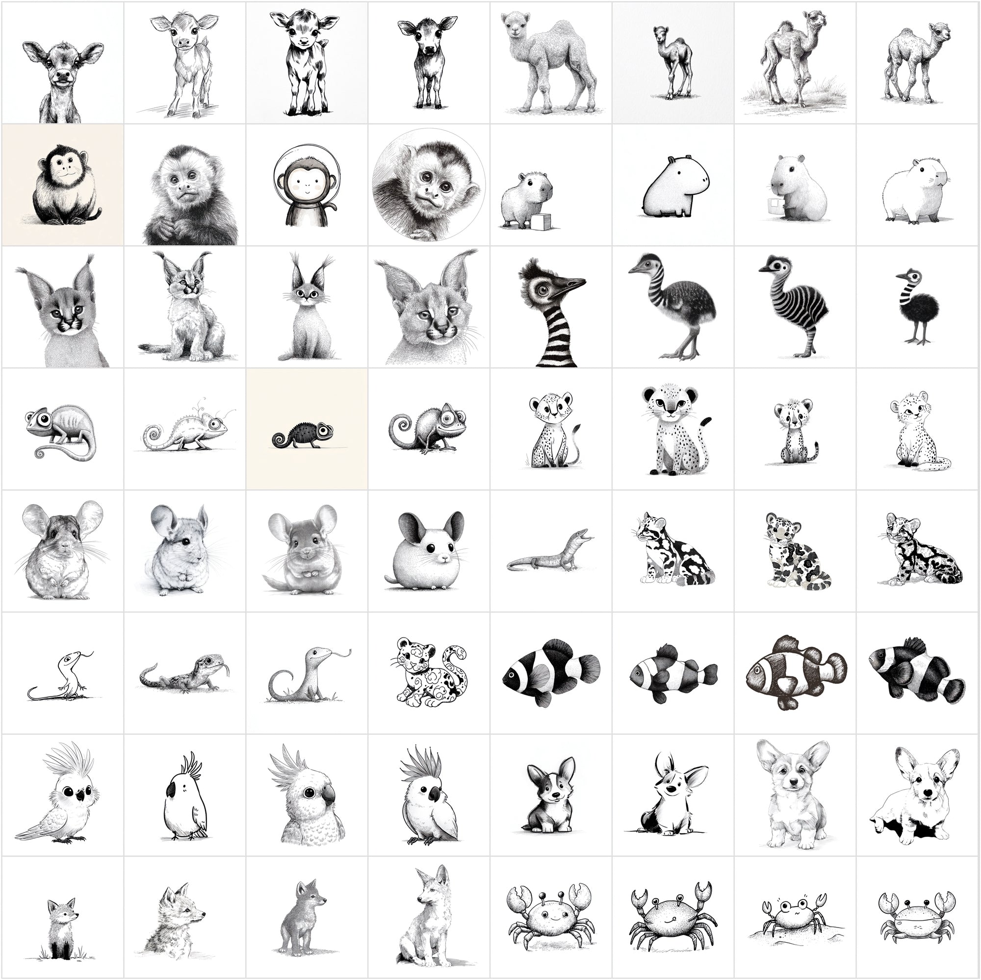 625 Children's Book Animal Illustrations — Black & White Line Art Bundle