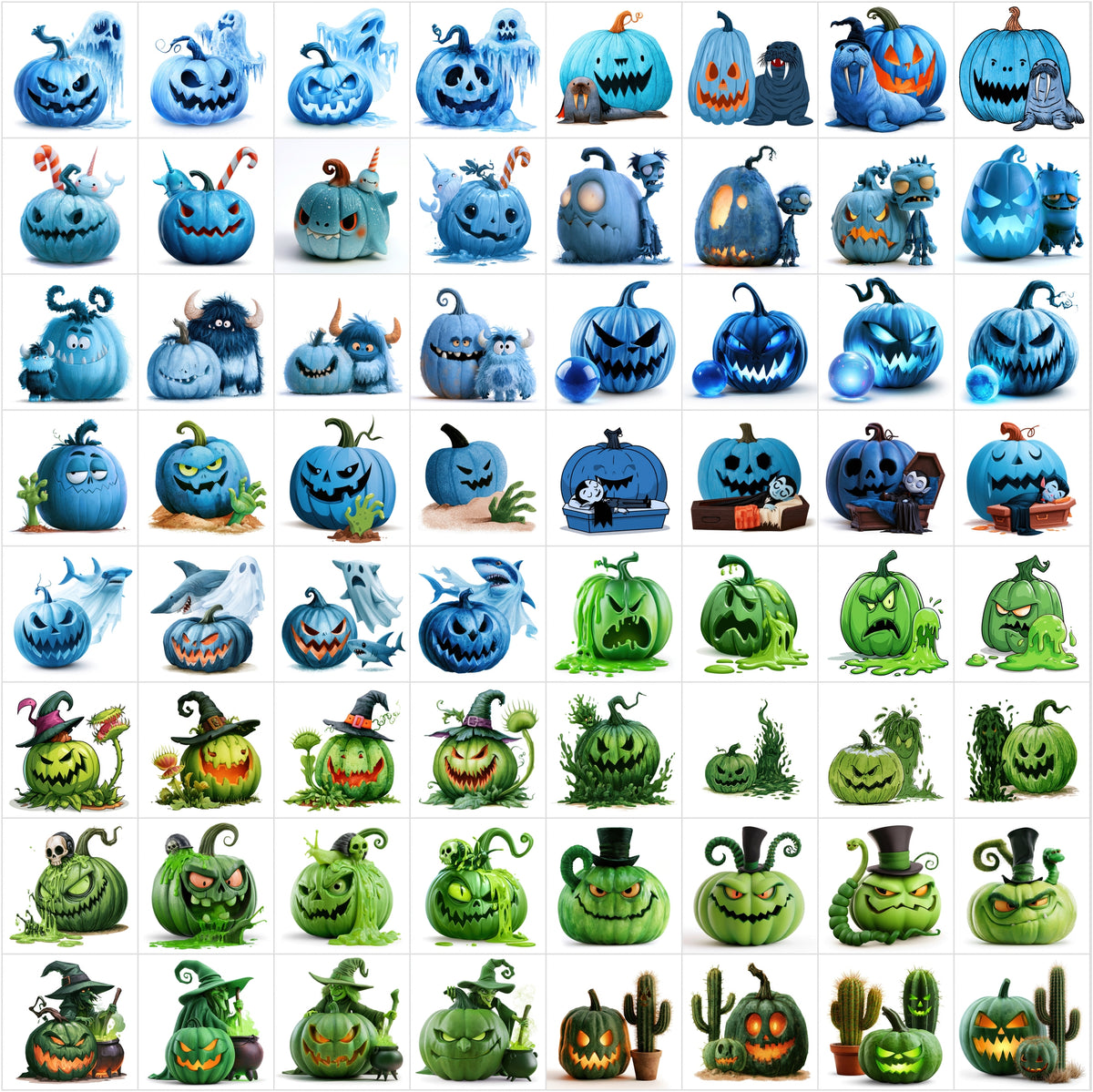 632 Halloween Cartoon Pumpkin Clipart Bundle – Spooky Jack-o’-Lantern Characters on White Background,