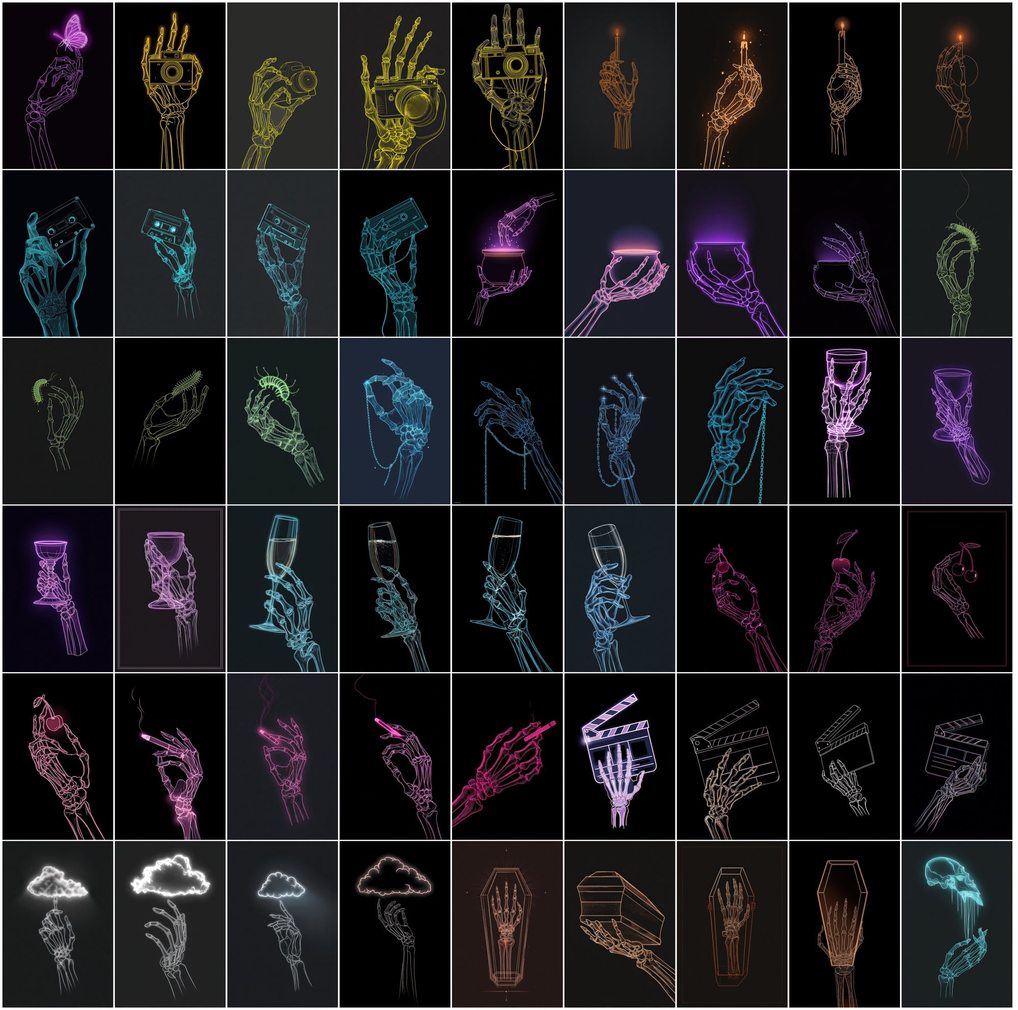 630 Skeleton Hand Neon Line Art Bundle, Halloween Clipart Pack, Gothic Posters