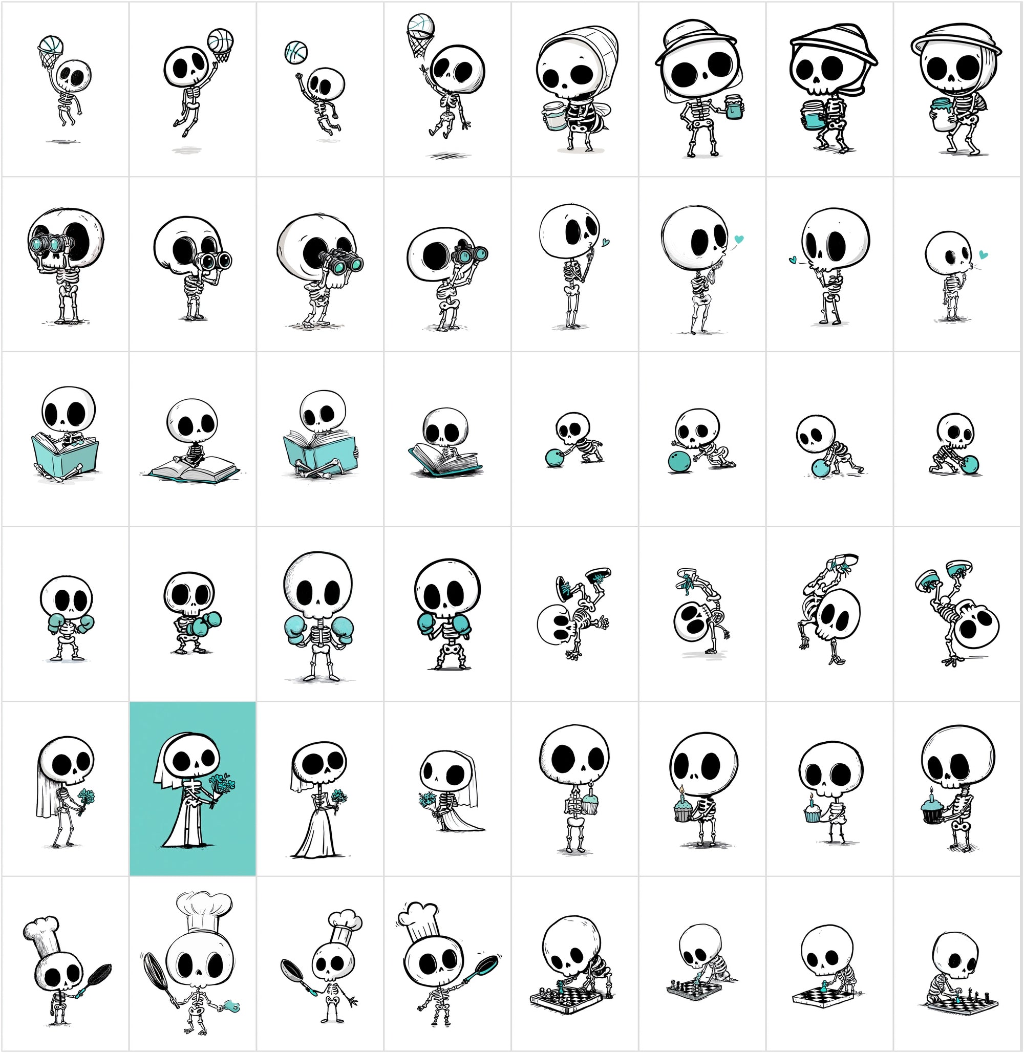 600 Cute Skeleton Doodle Clipart Bundle | Hand Drawn Stickman Skull Illustrations