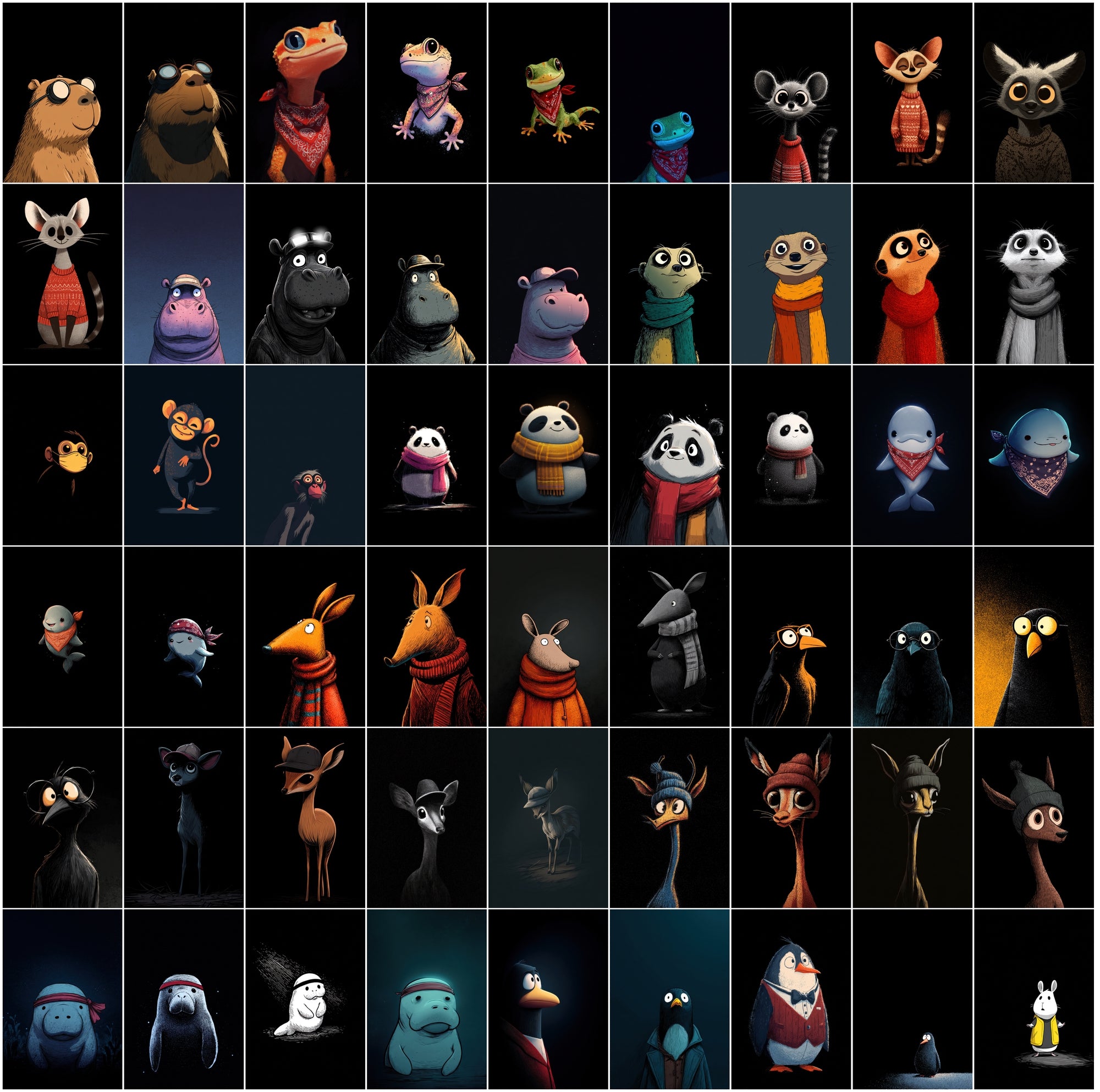 630 Animals Almost Visible in the Darkness | Cute Cartoon Animal Clipart Bundle | Dark Moody Illustrations