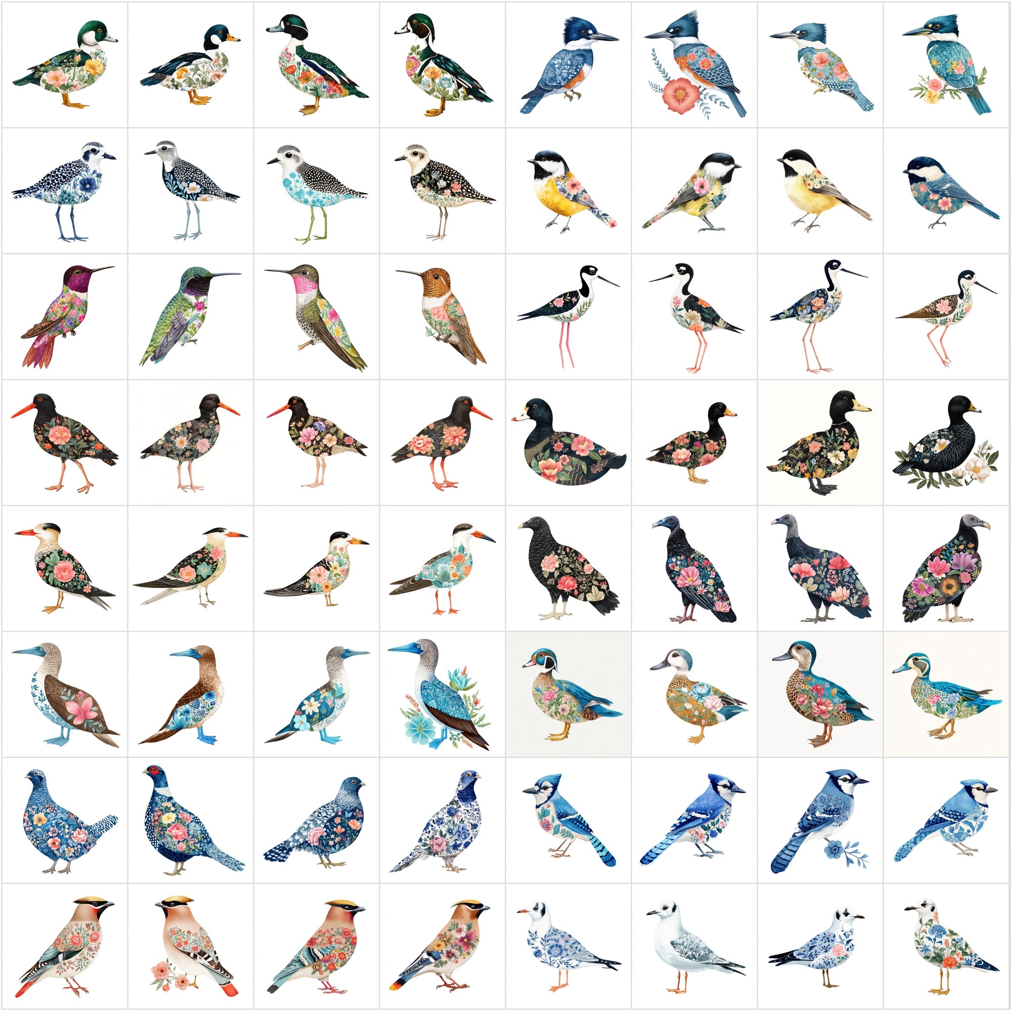 640 Watercolor Birds with Floral Patterns