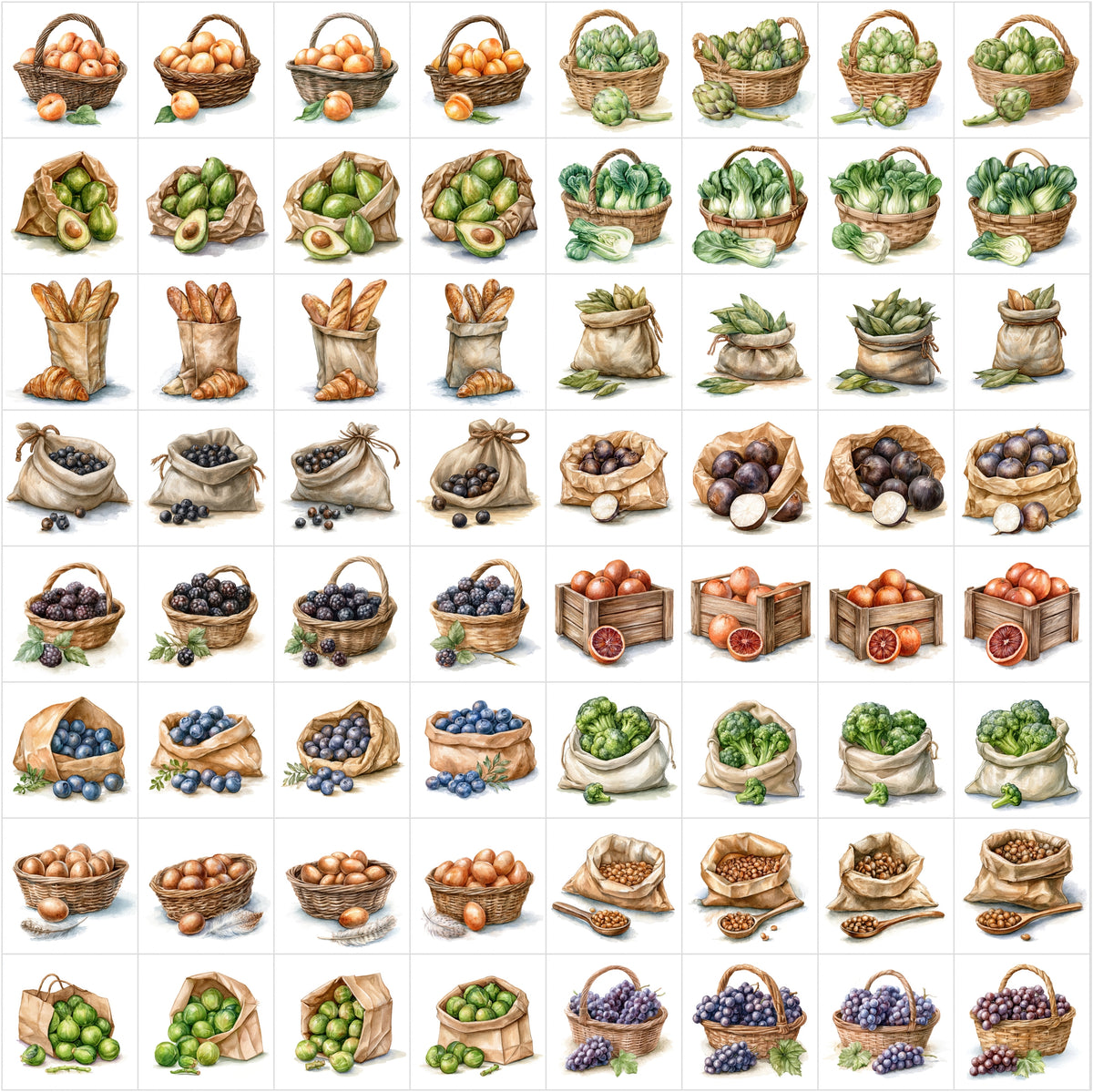 630 Fruit & Vegetable Illustrations – Farmhouse Kitchen Clipart Bundle, Harvest Food Art