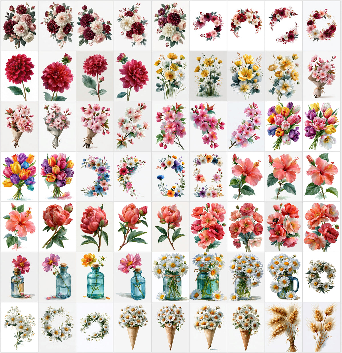 635 Watercolor Flowers Clipart Bundle – Wedding Florals, Bouquets, Wreaths & Greenery PNG-Ready JPG, Commercial Use